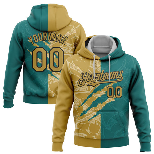 Custom Stitched Graffiti Pattern Old Gold Teal-Black 3D Scratch Sports Pullover Sweatshirt Hoodie - Main View