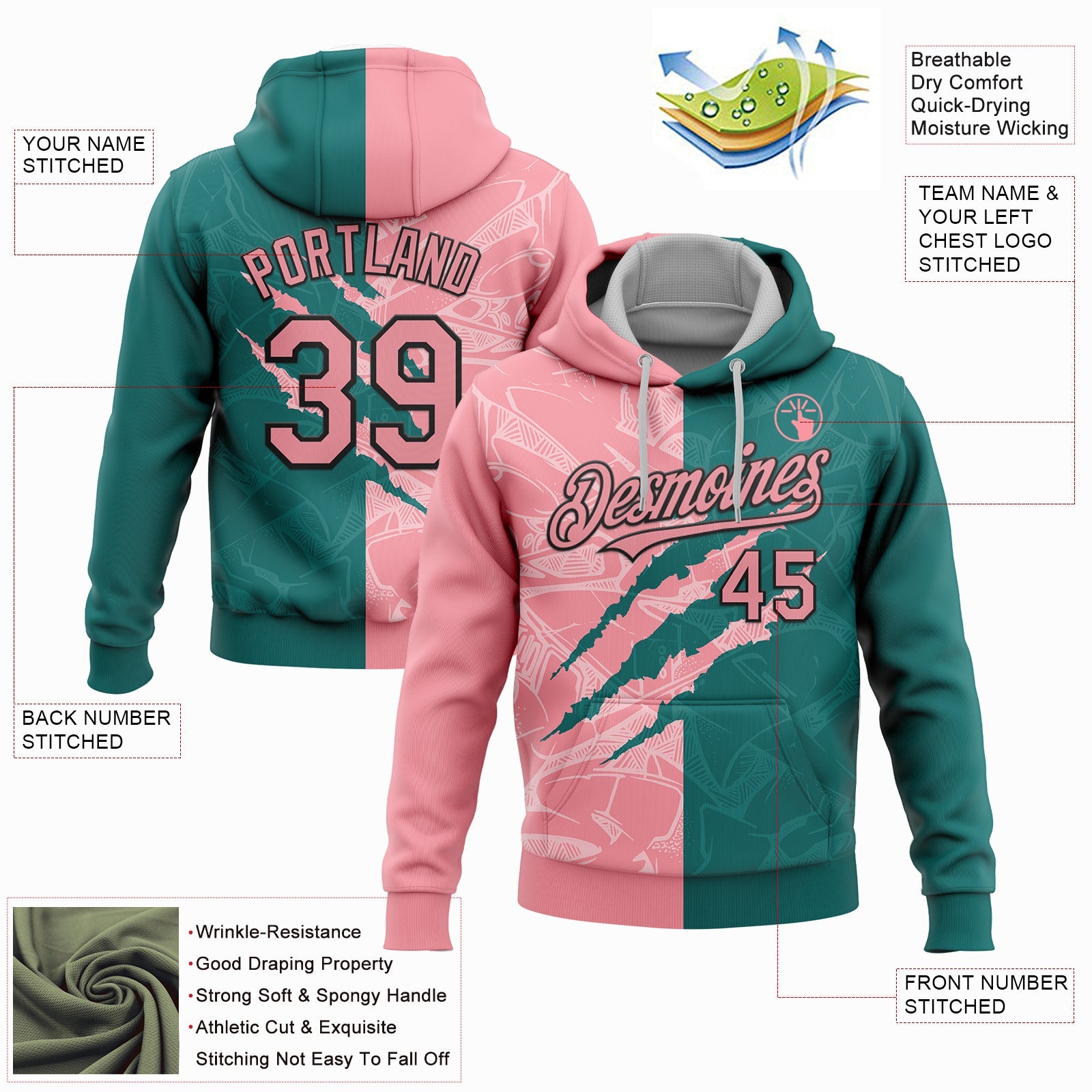 Custom Stitched Graffiti Pattern Medium Pink Teal-Black 3D Scratch Sports Pullover Sweatshirt Hoodie view 2