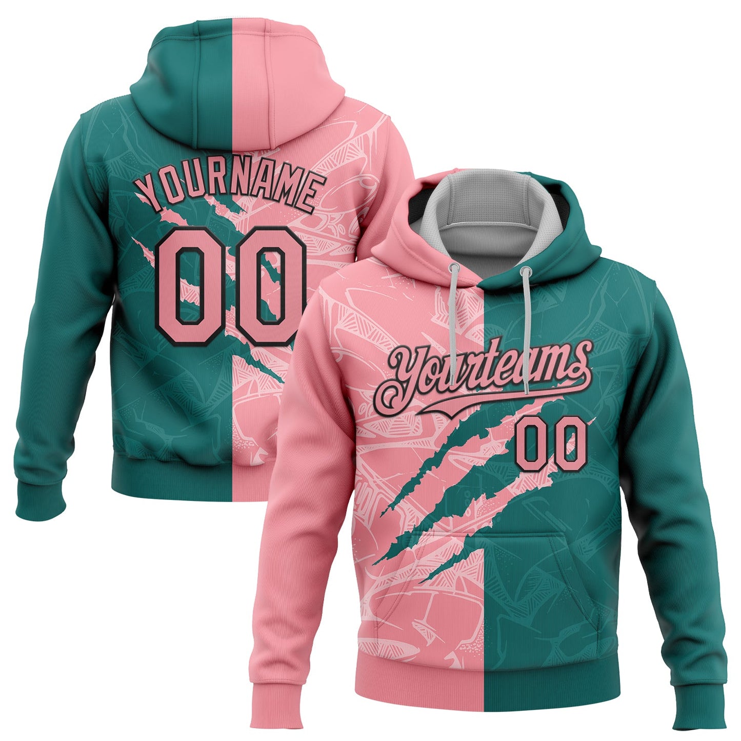 Custom Stitched Graffiti Pattern Medium Pink Teal-Black 3D Scratch Sports Pullover Sweatshirt Hoodie - Main View