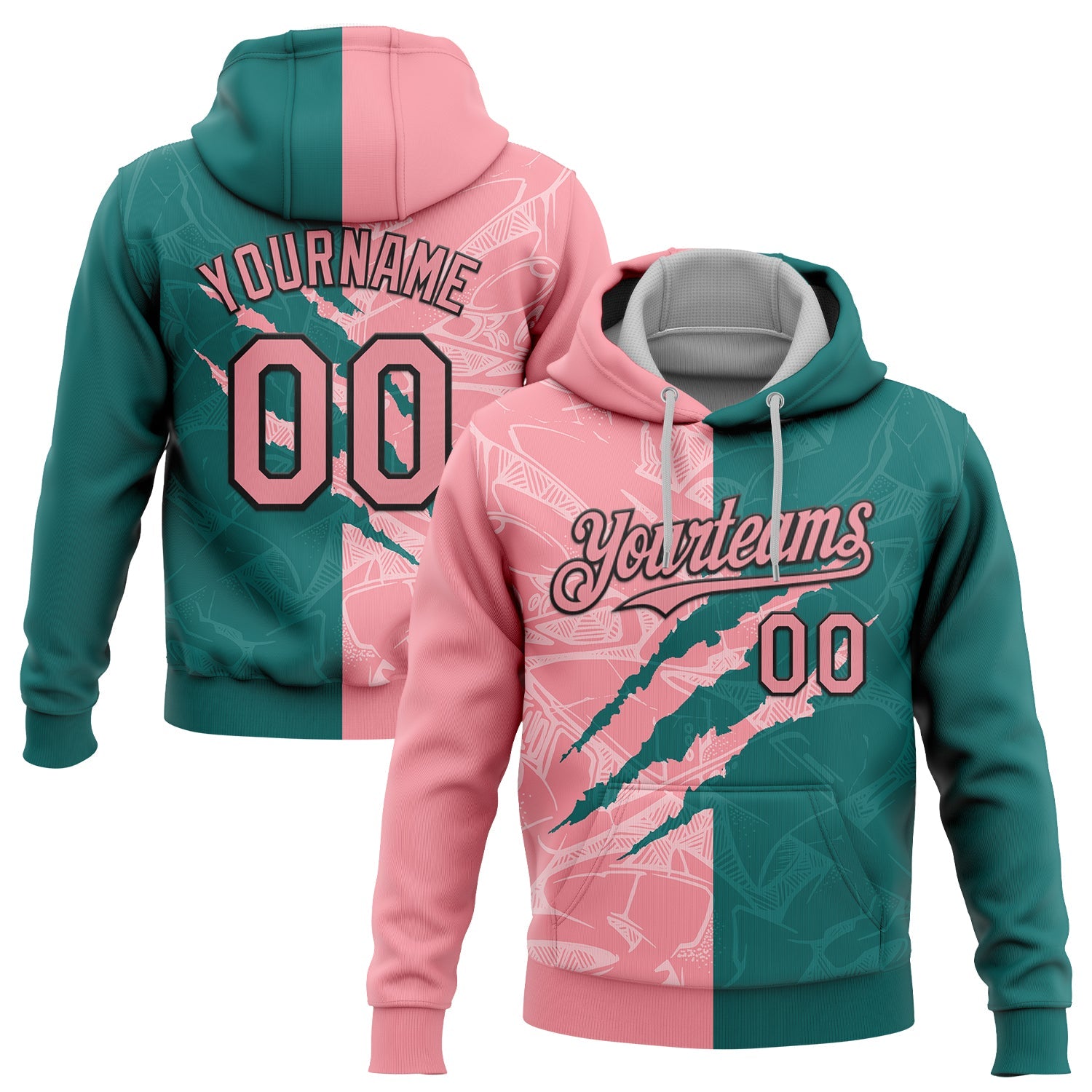 Custom Stitched Graffiti Pattern Medium Pink Teal-Black 3D Scratch Sports Pullover Sweatshirt Hoodie - Main View