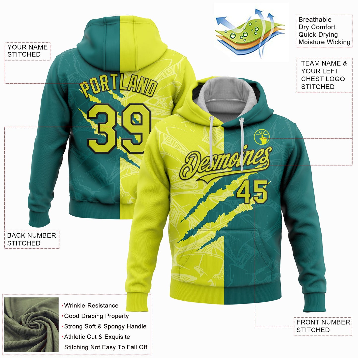 Custom Stitched Graffiti Pattern Neon Yellow Teal-Black 3D Scratch Sports Pullover Sweatshirt Hoodie view 2