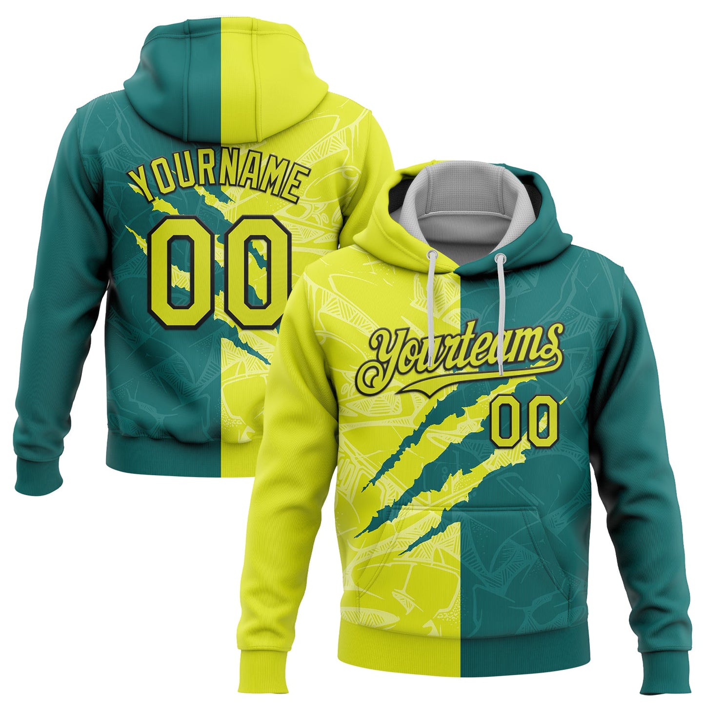 Custom Stitched Graffiti Pattern Neon Yellow Teal-Black 3D Scratch Sports Pullover Sweatshirt Hoodie - Main View