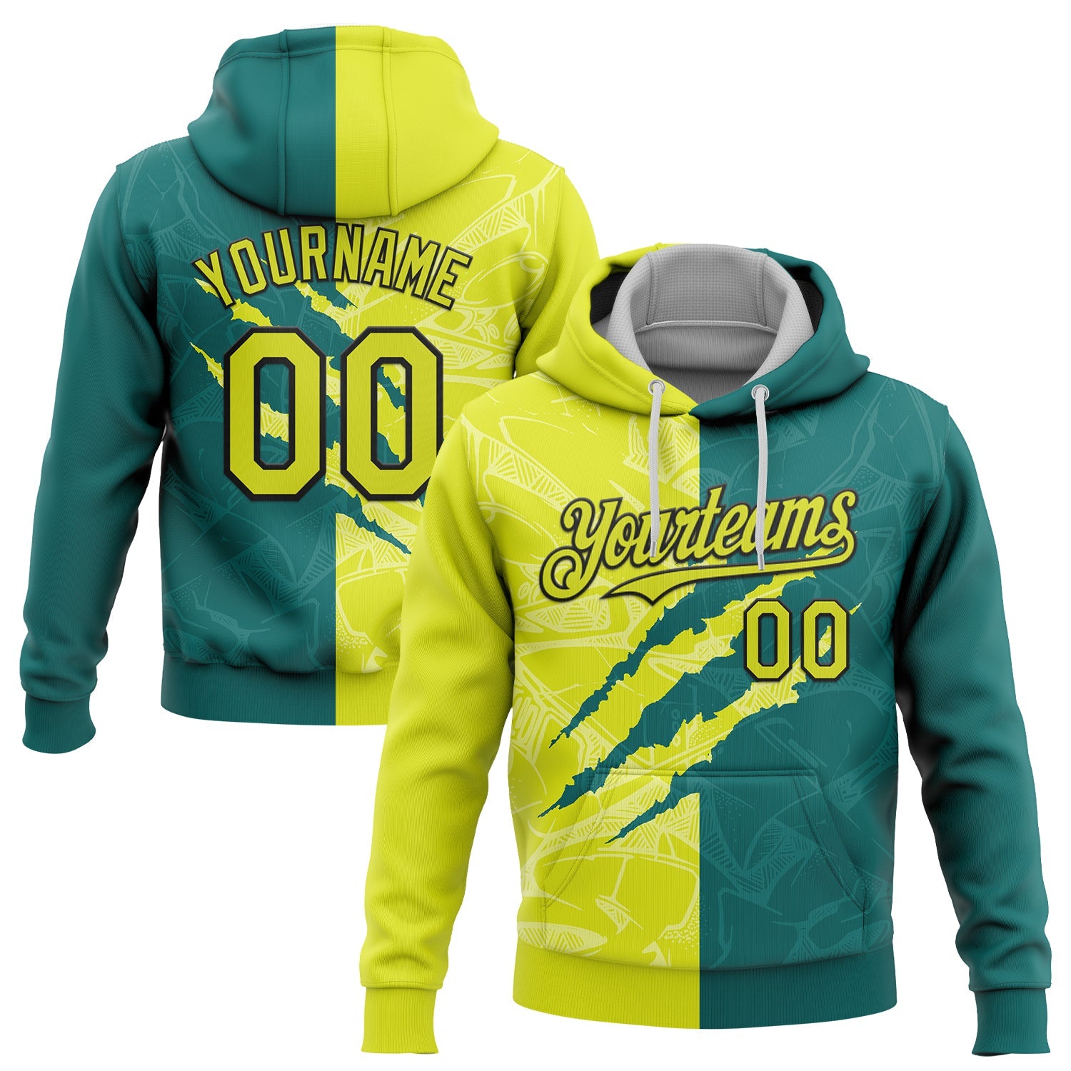 Custom Stitched Graffiti Pattern Neon Yellow Teal-Black 3D Scratch Sports Pullover Sweatshirt Hoodie - Main View