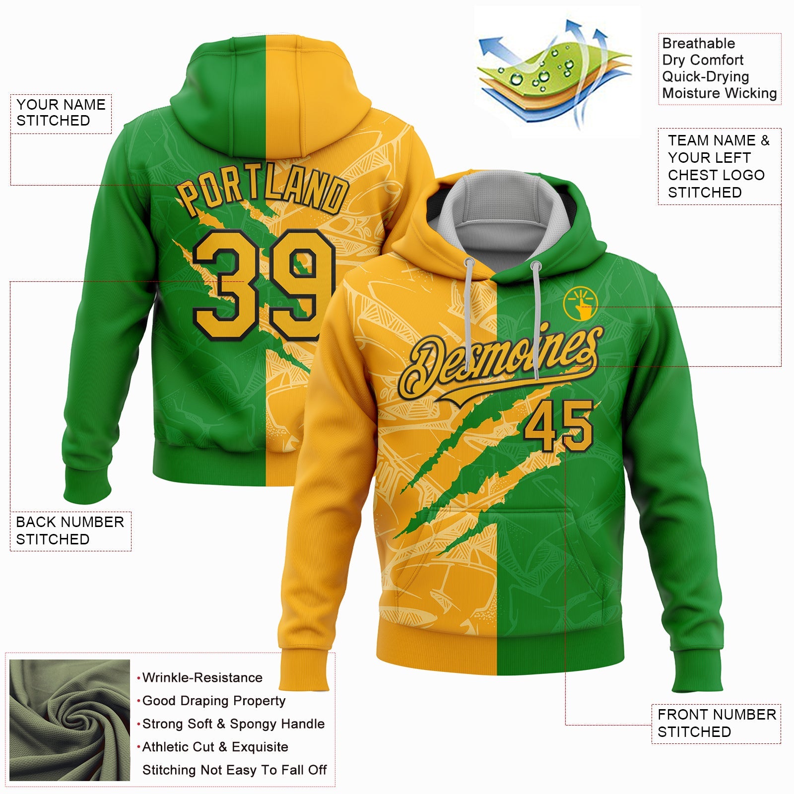 Custom Stitched Graffiti Pattern Gold Grass Green-Black 3D Scratch Sports Pullover Sweatshirt Hoodie view 2