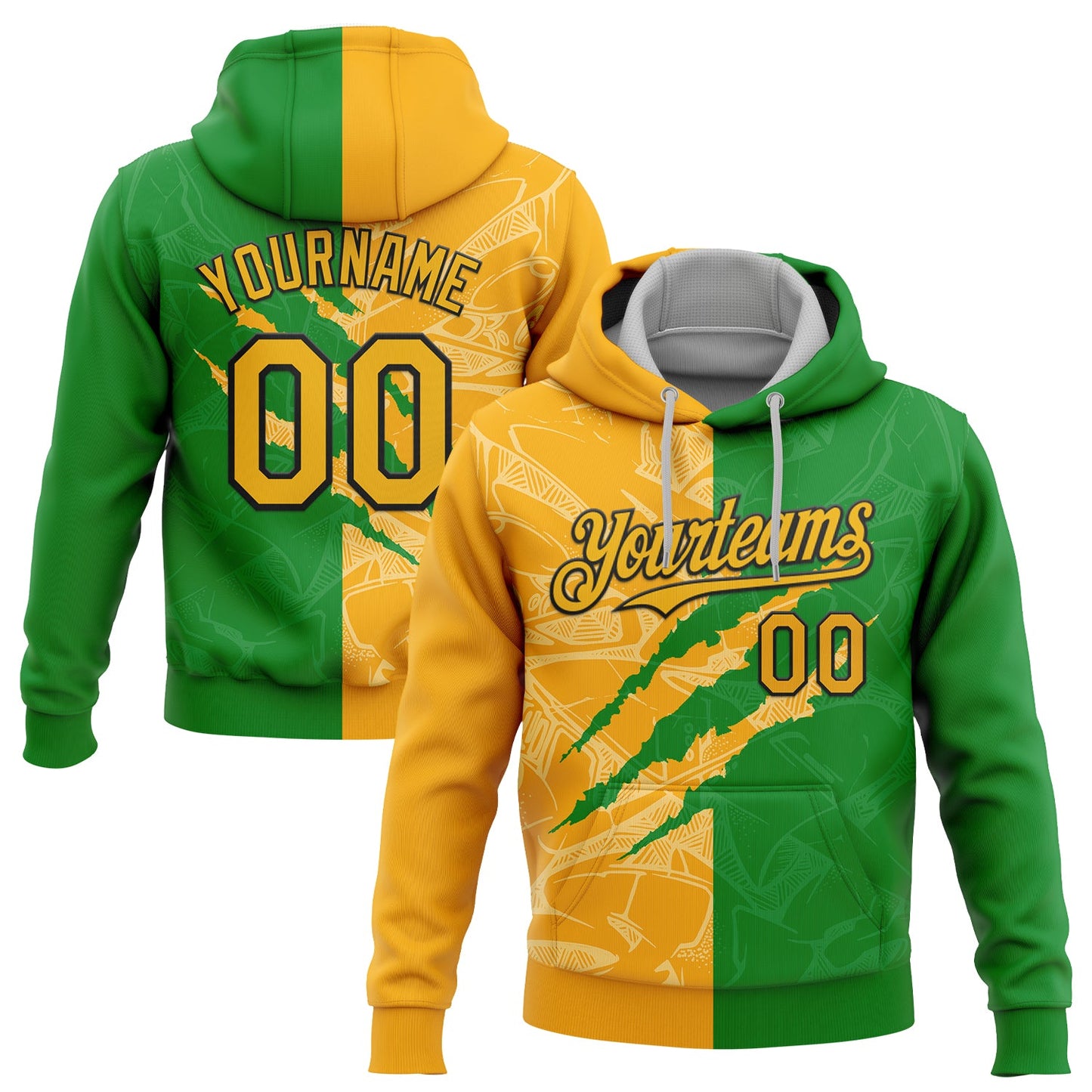 Custom Stitched Graffiti Pattern Gold Grass Green-Black 3D Scratch Sports Pullover Sweatshirt Hoodie - Main View