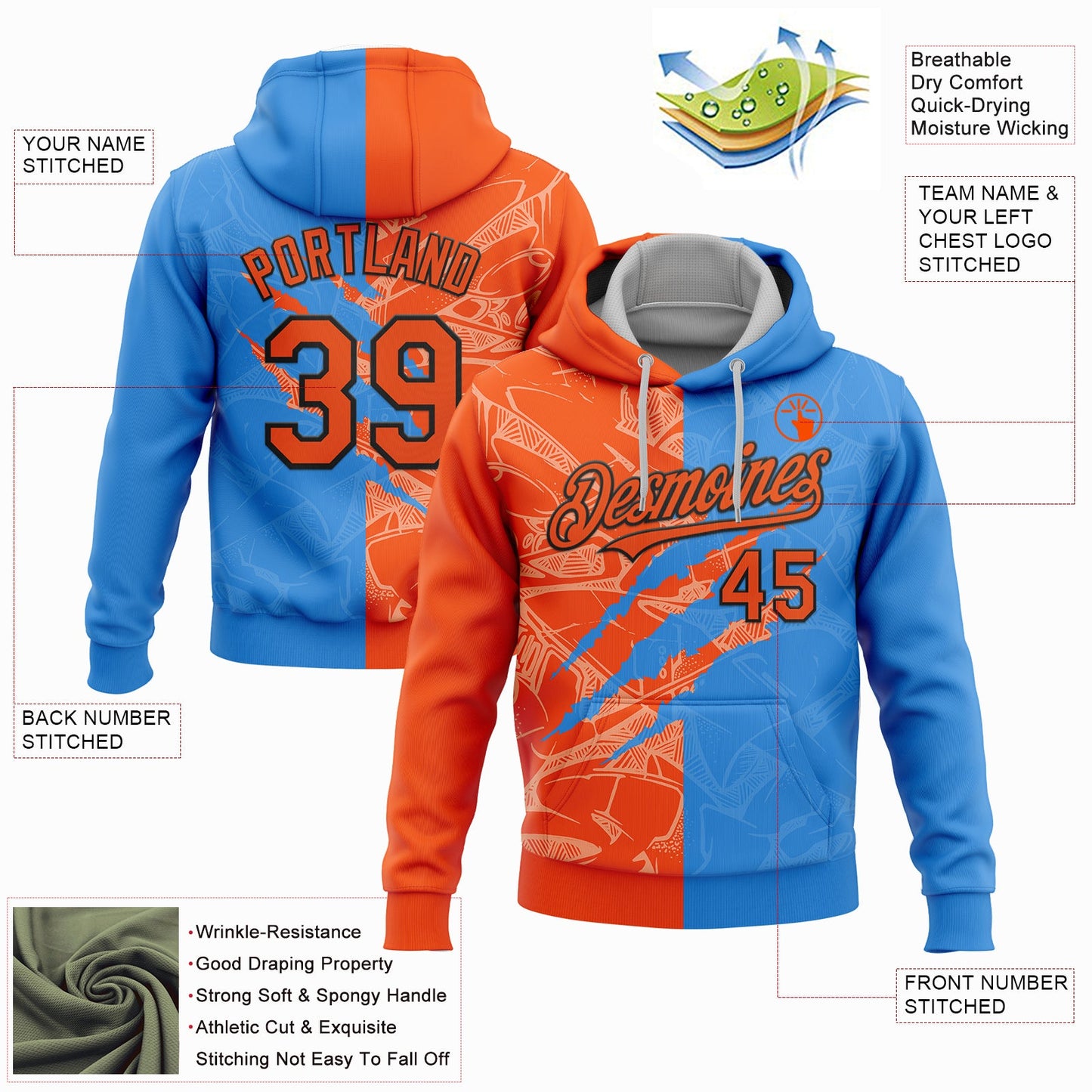 Custom Stitched Graffiti Pattern Orange Powder Blue-Black 3D Scratch Sports Pullover Sweatshirt Hoodie view 2