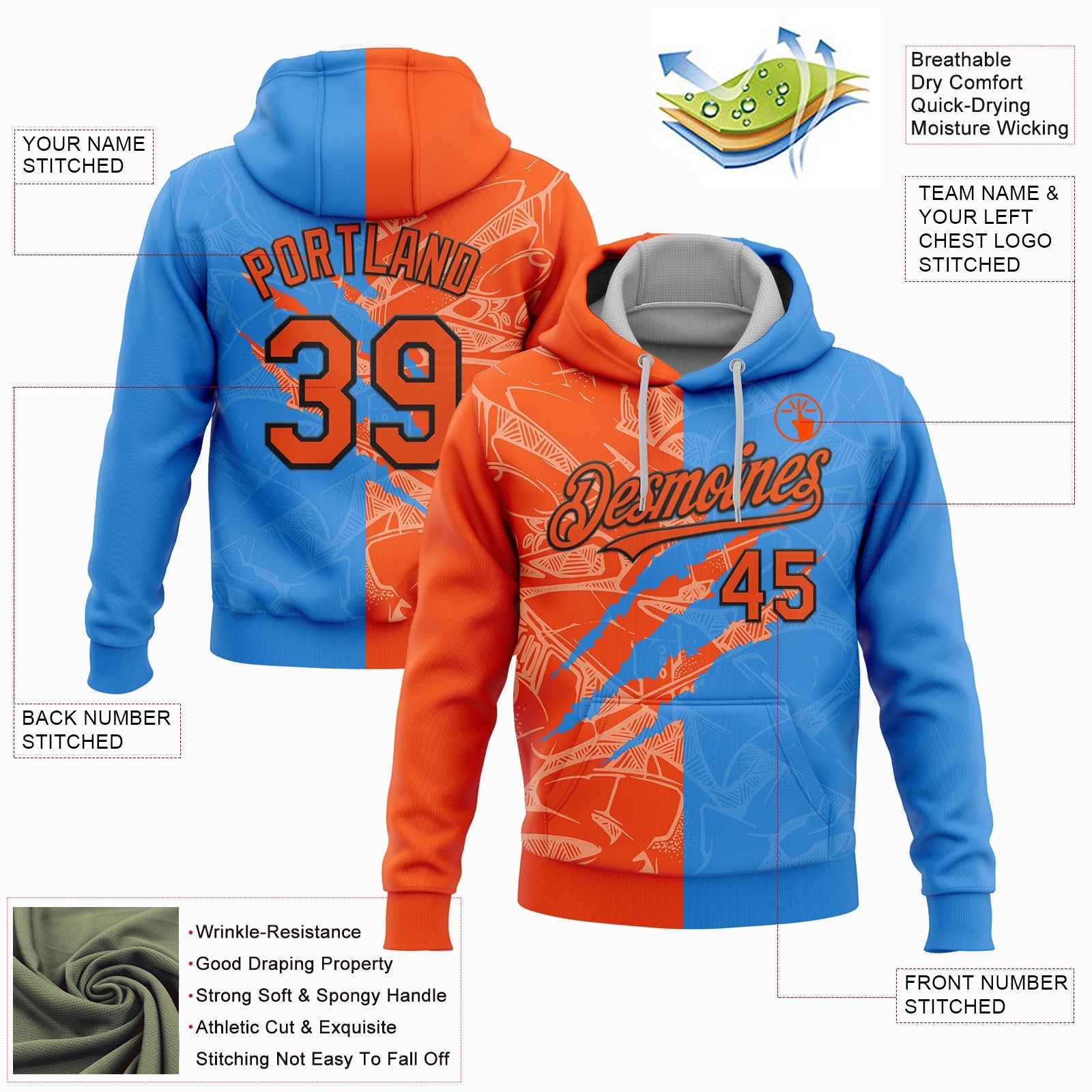Custom Stitched Graffiti Pattern Orange Powder Blue-Black 3D Scratch Sports Pullover Sweatshirt Hoodie view 2