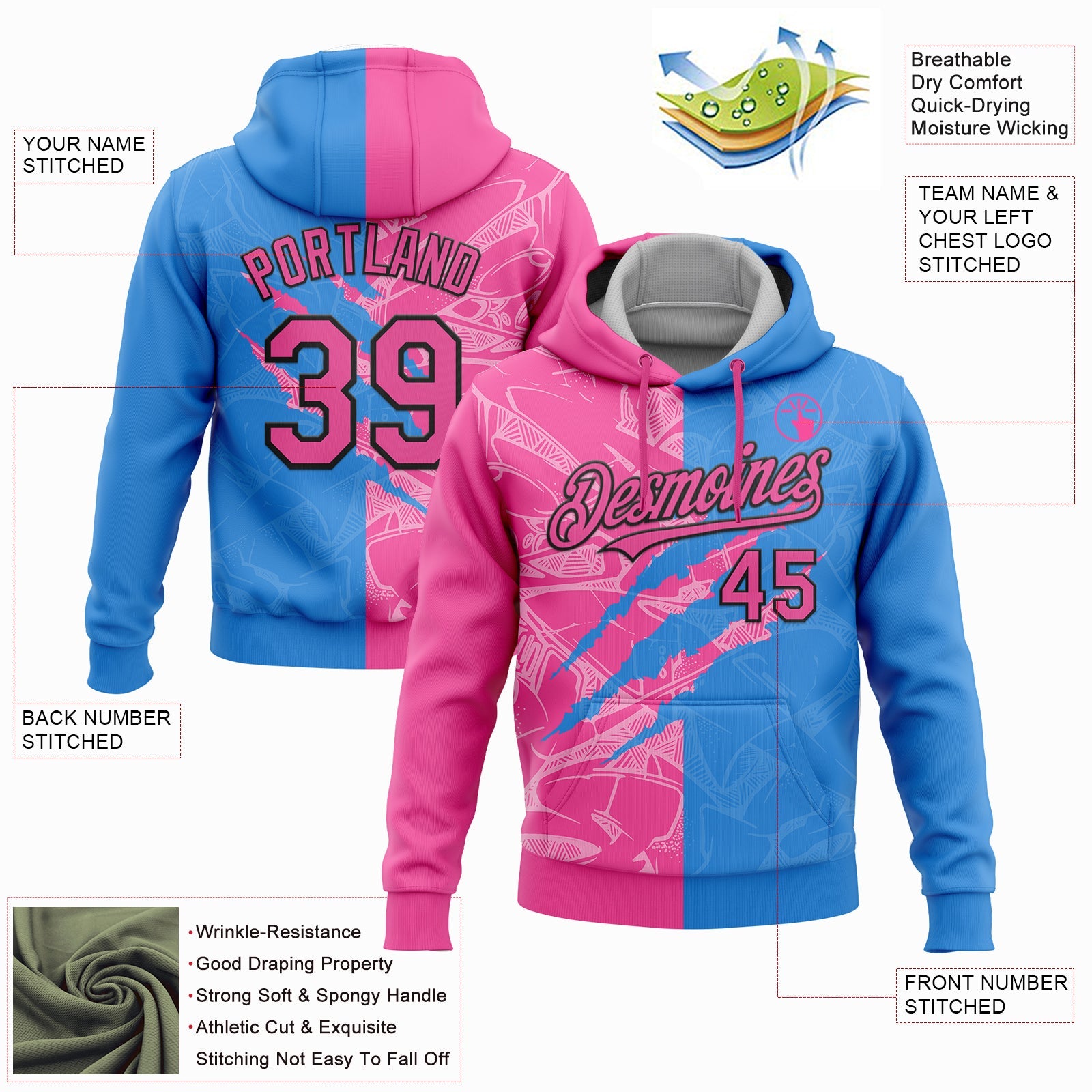 Custom Stitched Graffiti Pattern Pink Powder Blue-Black 3D Scratch Sports Pullover Sweatshirt Hoodie view 2