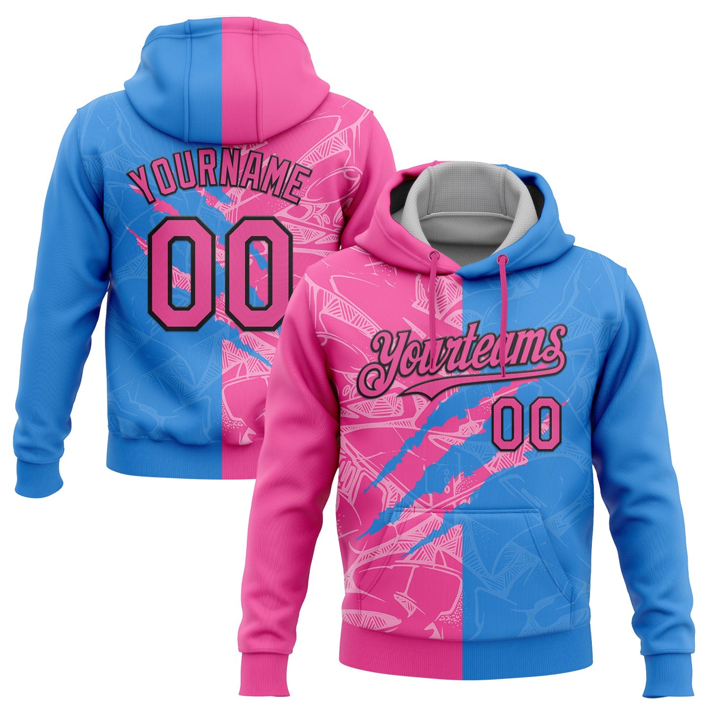 Custom Stitched Graffiti Pattern Pink Powder Blue-Black 3D Scratch Sports Pullover Sweatshirt Hoodie - Main View