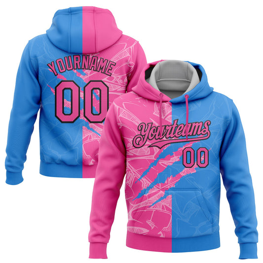 Custom Stitched Graffiti Pattern Pink Powder Blue-Black 3D Scratch Sports Pullover Sweatshirt Hoodie - Main View