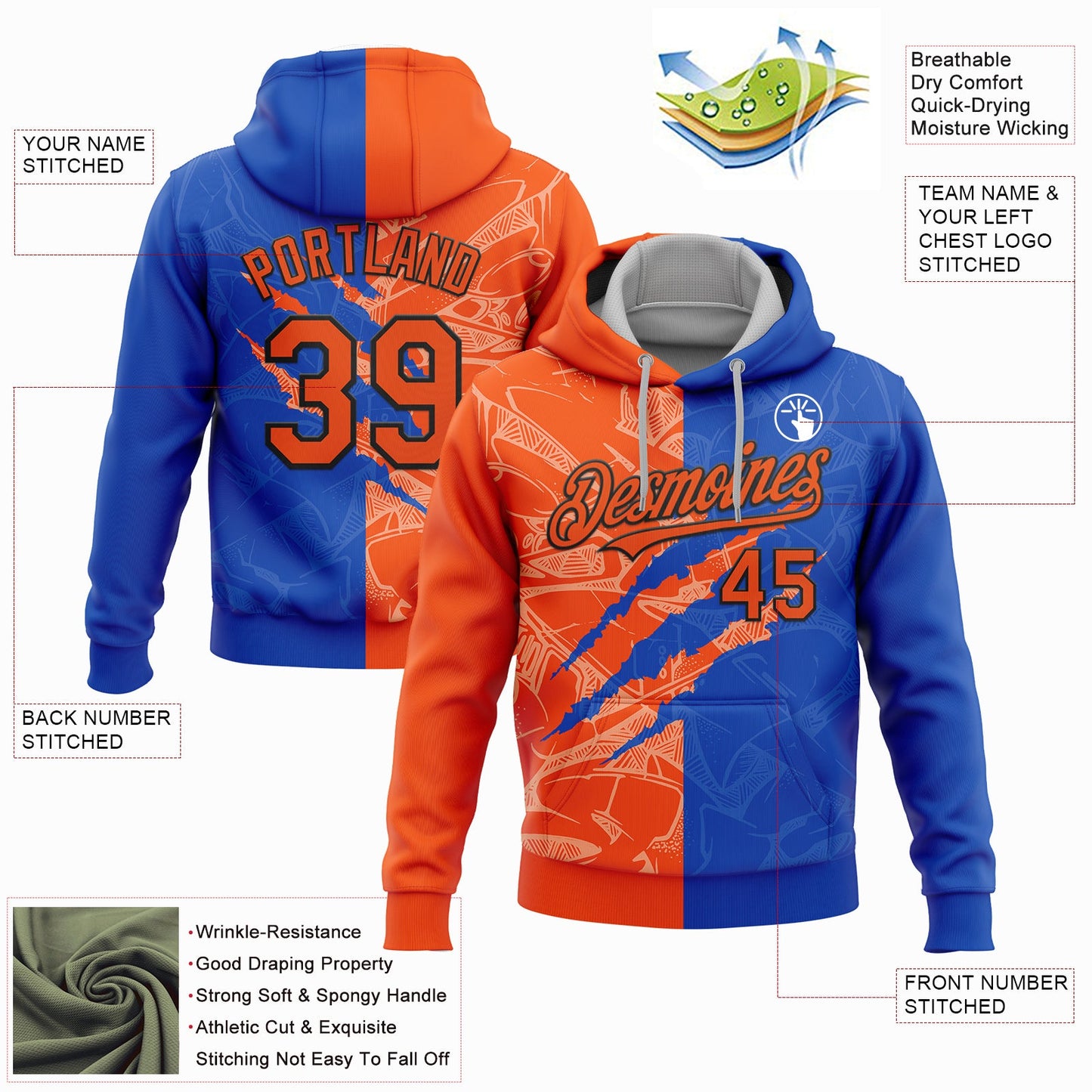 Custom Stitched Graffiti Pattern Orange Thunder Blue-Black 3D Scratch Sports Pullover Sweatshirt Hoodie view 2