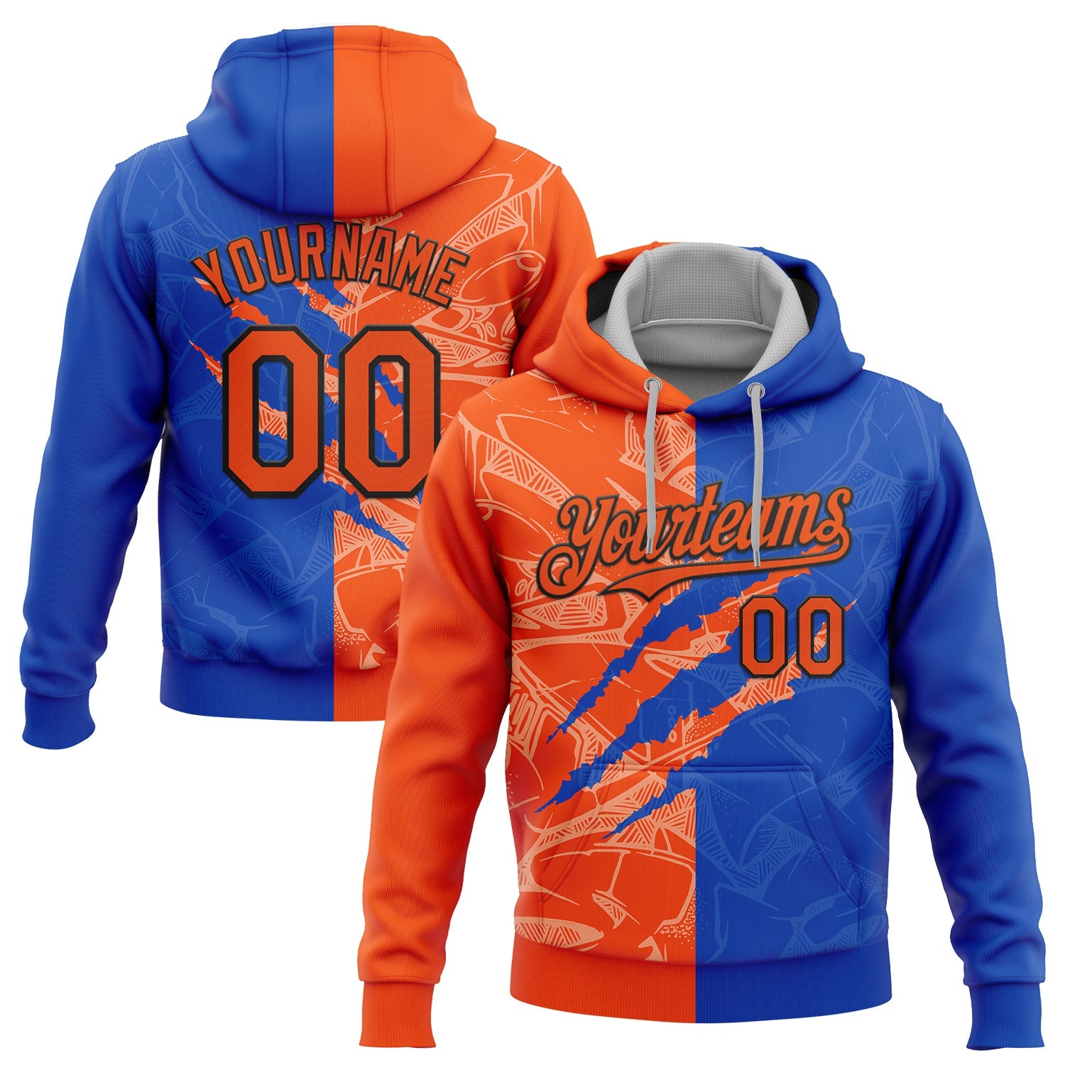 Custom Stitched Graffiti Pattern Orange Thunder Blue-Black 3D Scratch Sports Pullover Sweatshirt Hoodie - Main View