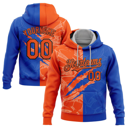 Custom Stitched Graffiti Pattern Orange Thunder Blue-Black 3D Scratch Sports Pullover Sweatshirt Hoodie - Main View