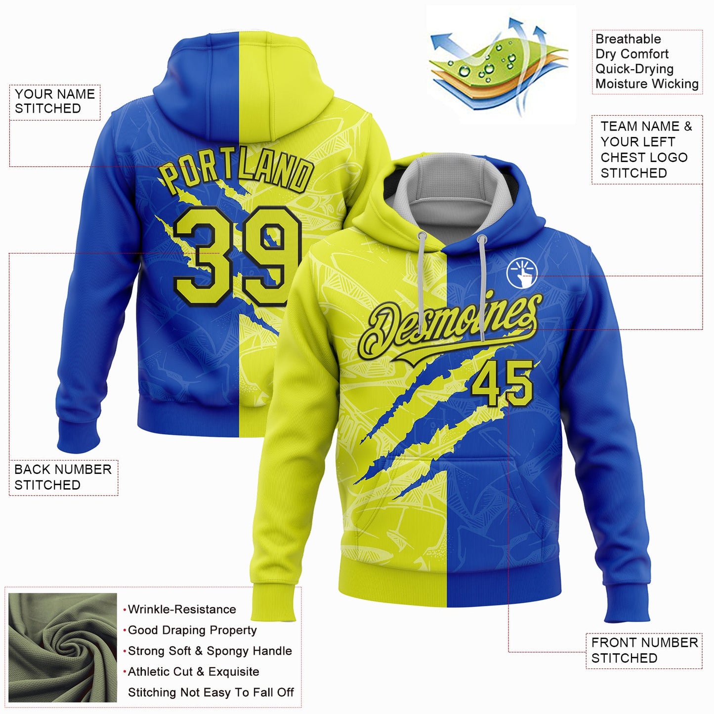 Custom Stitched Graffiti Pattern Neon Yellow Thunder Blue-Black 3D Scratch Sports Pullover Sweatshirt Hoodie view 2