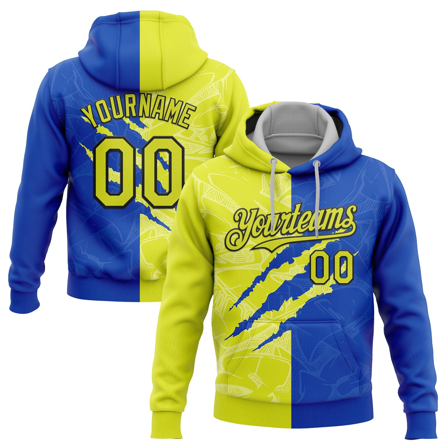 Custom Stitched Graffiti Pattern Neon Yellow Thunder Blue-Black 3D Scratch Sports Pullover Sweatshirt Hoodie - Main View