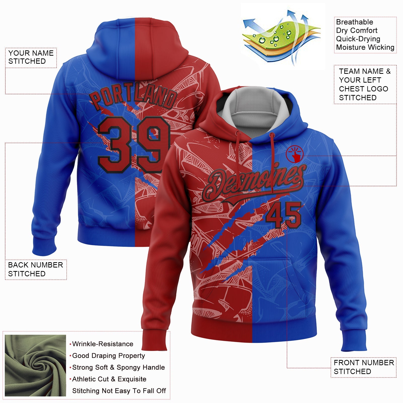 Custom Stitched Graffiti Pattern Red Thunder Blue-Black 3D Scratch Sports Pullover Sweatshirt Hoodie view 2