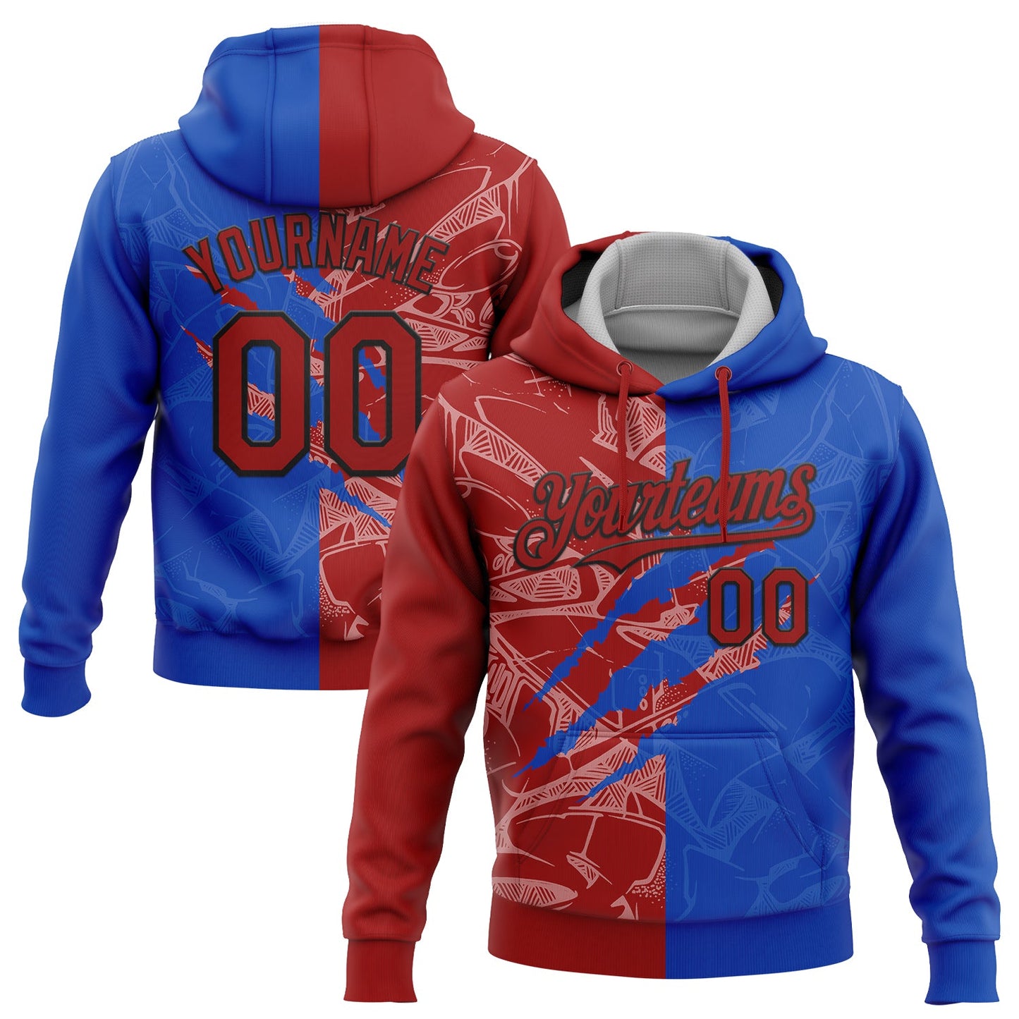 Custom Stitched Graffiti Pattern Red Thunder Blue-Black 3D Scratch Sports Pullover Sweatshirt Hoodie - Main View