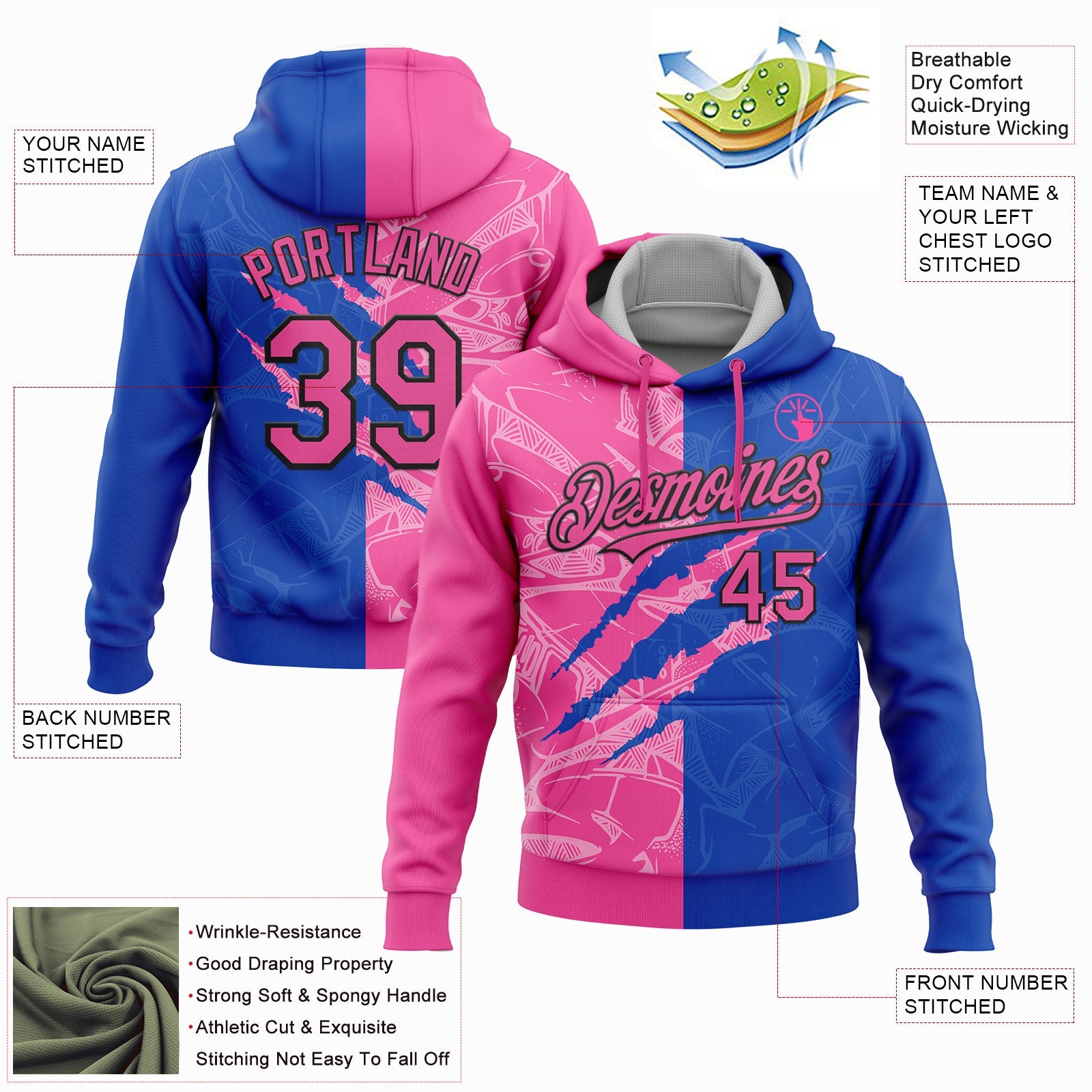 Custom Stitched Graffiti Pattern Pink Thunder Blue-Black 3D Scratch Sports Pullover Sweatshirt Hoodie view 2