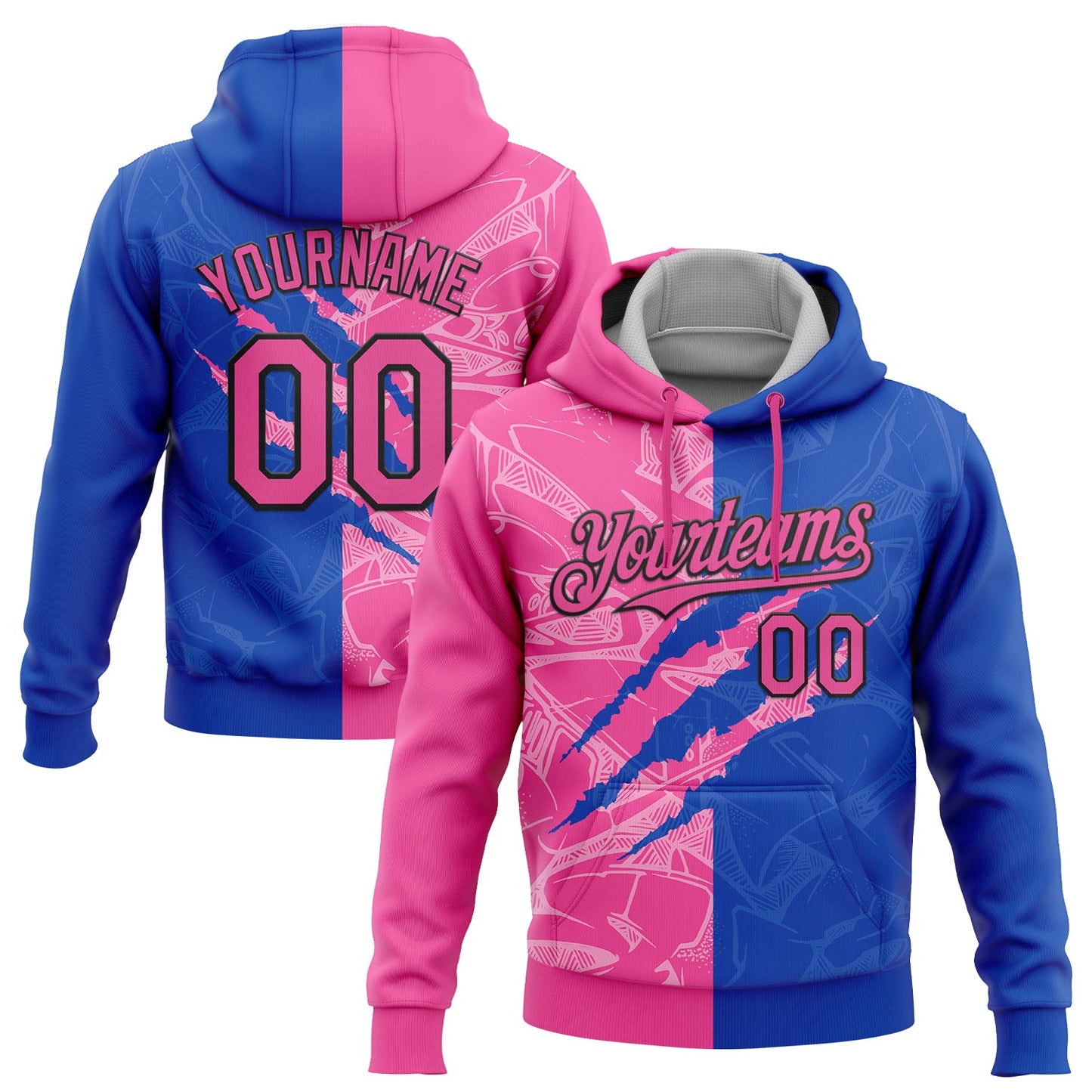 Custom Stitched Graffiti Pattern Pink Thunder Blue-Black 3D Scratch Sports Pullover Sweatshirt Hoodie - Main View