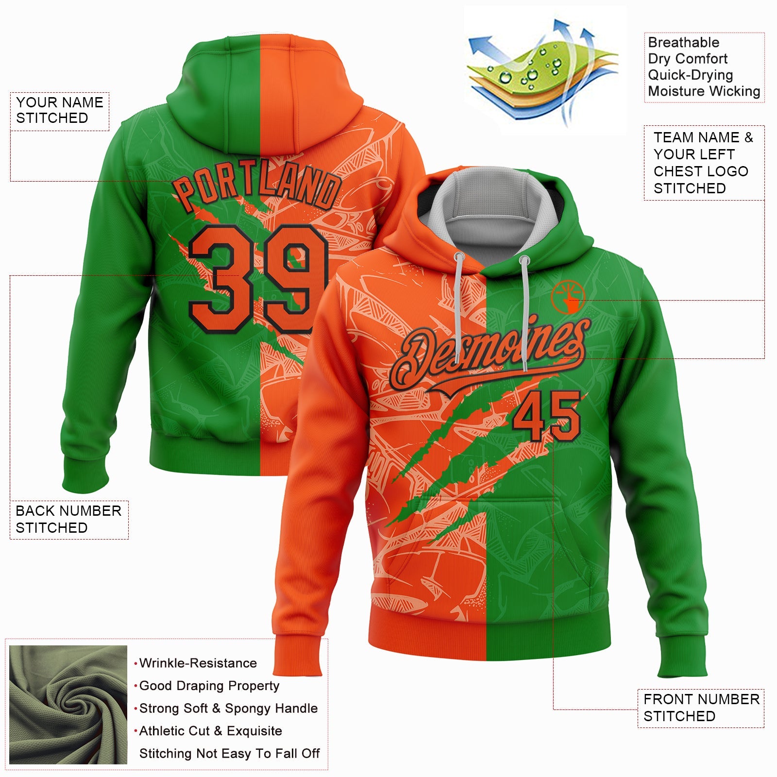 Custom Stitched Graffiti Pattern Orange Grass Green-Black 3D Scratch Sports Pullover Sweatshirt Hoodie view 2