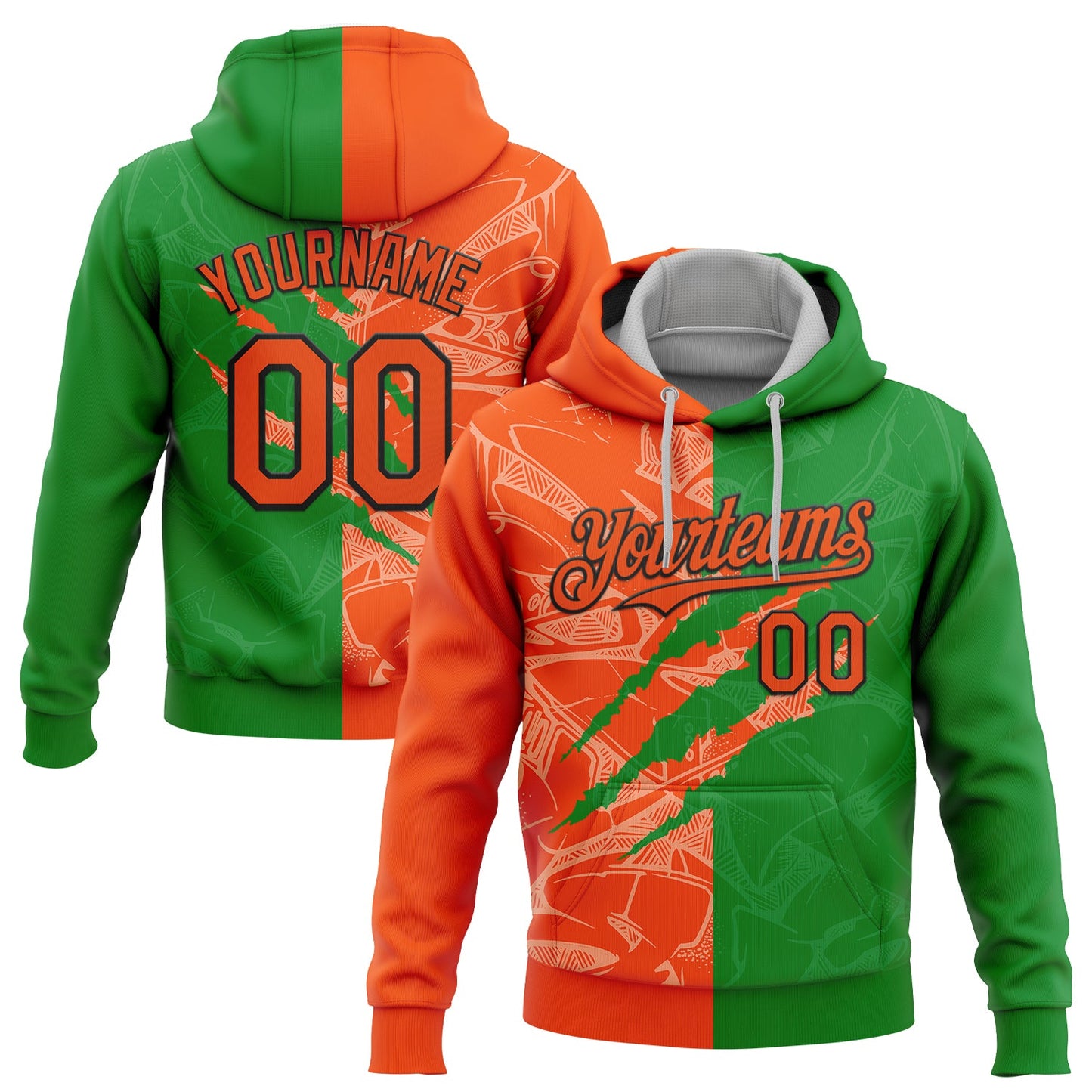 Custom Stitched Graffiti Pattern Orange Grass Green-Black 3D Scratch Sports Pullover Sweatshirt Hoodie - Main View