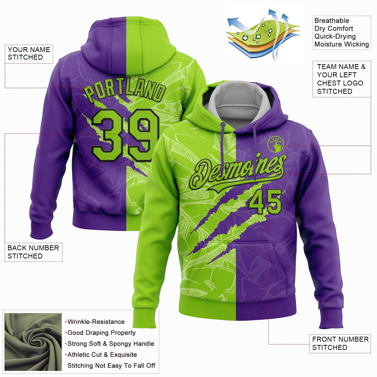 Custom Stitched Graffiti Pattern Neon Green Purple-Black 3D Scratch Sports Pullover Sweatshirt Hoodie view 2