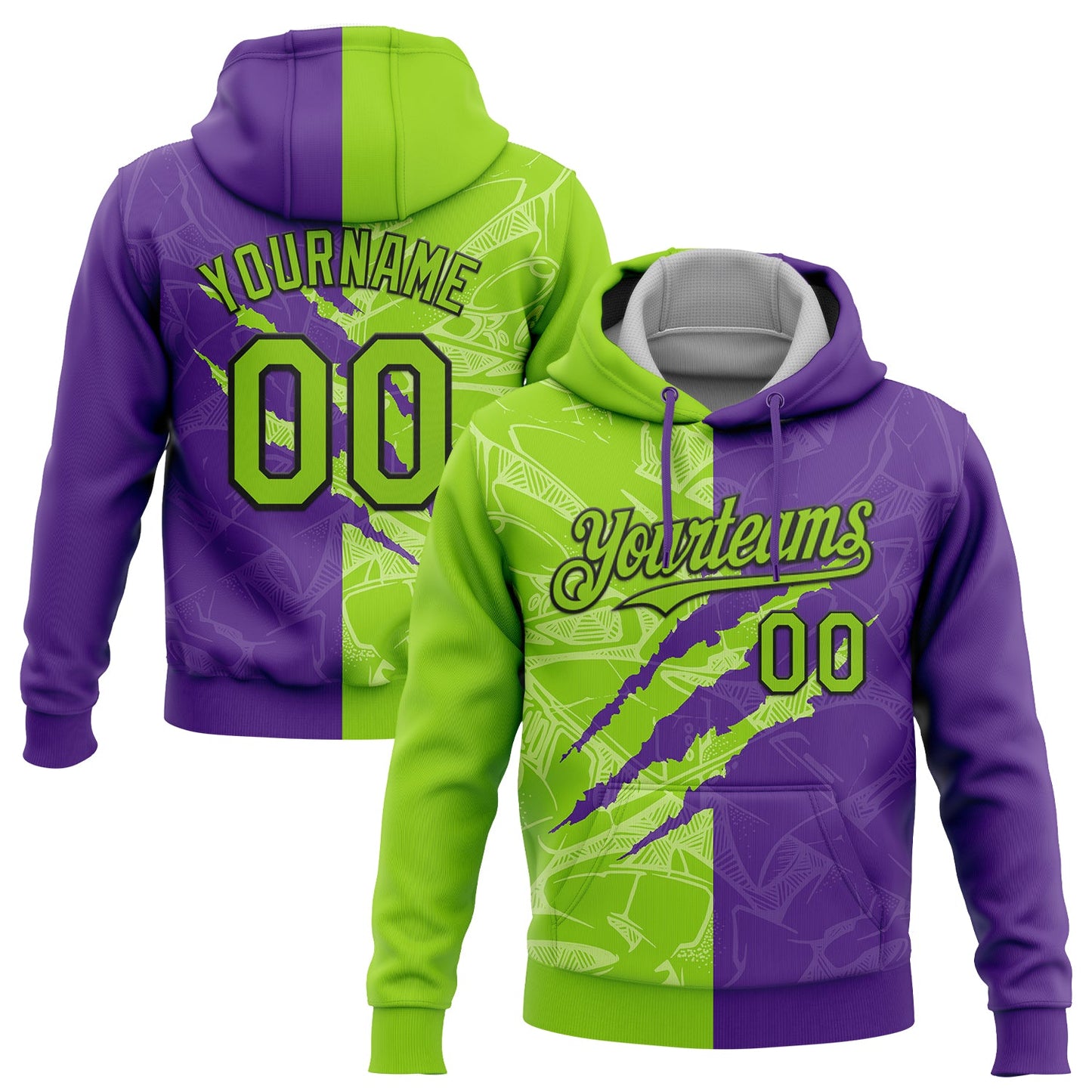 Custom Stitched Graffiti Pattern Neon Green Purple-Black 3D Scratch Sports Pullover Sweatshirt Hoodie - Main View