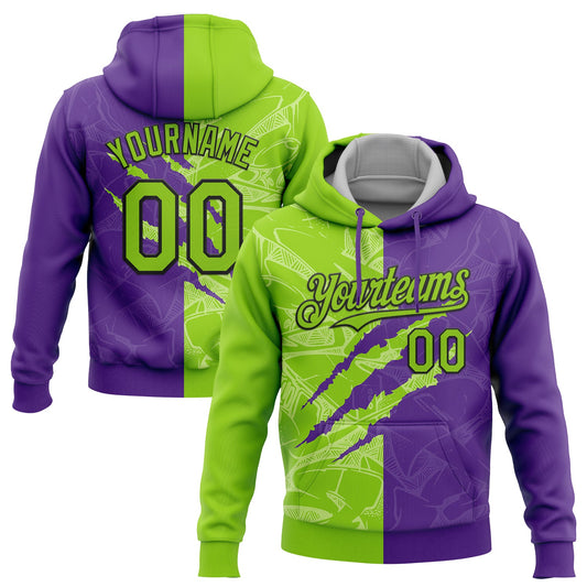 Custom Stitched Graffiti Pattern Neon Green Purple-Black 3D Scratch Sports Pullover Sweatshirt Hoodie - Main View