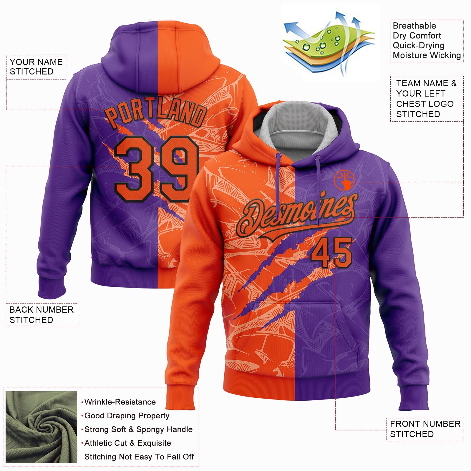 Custom Stitched Graffiti Pattern Orange Purple-Black 3D Scratch Sports Pullover Sweatshirt Hoodie view 2