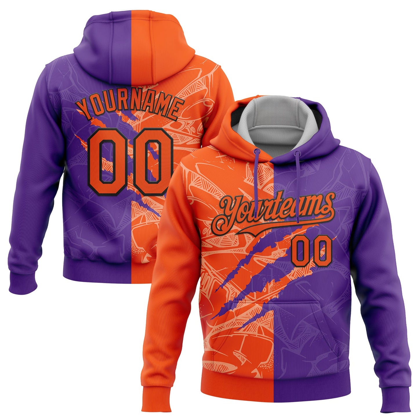 Custom Stitched Graffiti Pattern Orange Purple-Black 3D Scratch Sports Pullover Sweatshirt Hoodie - Main View