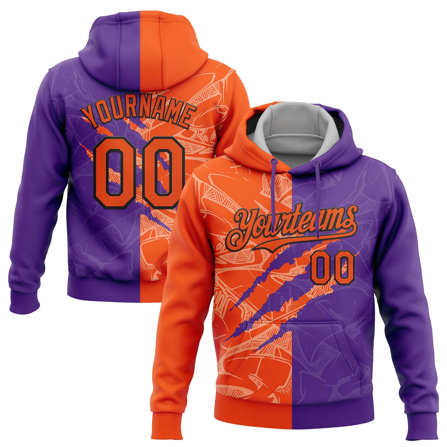 Custom Stitched Graffiti Pattern Orange Purple-Black 3D Scratch Sports Pullover Sweatshirt Hoodie - Main View