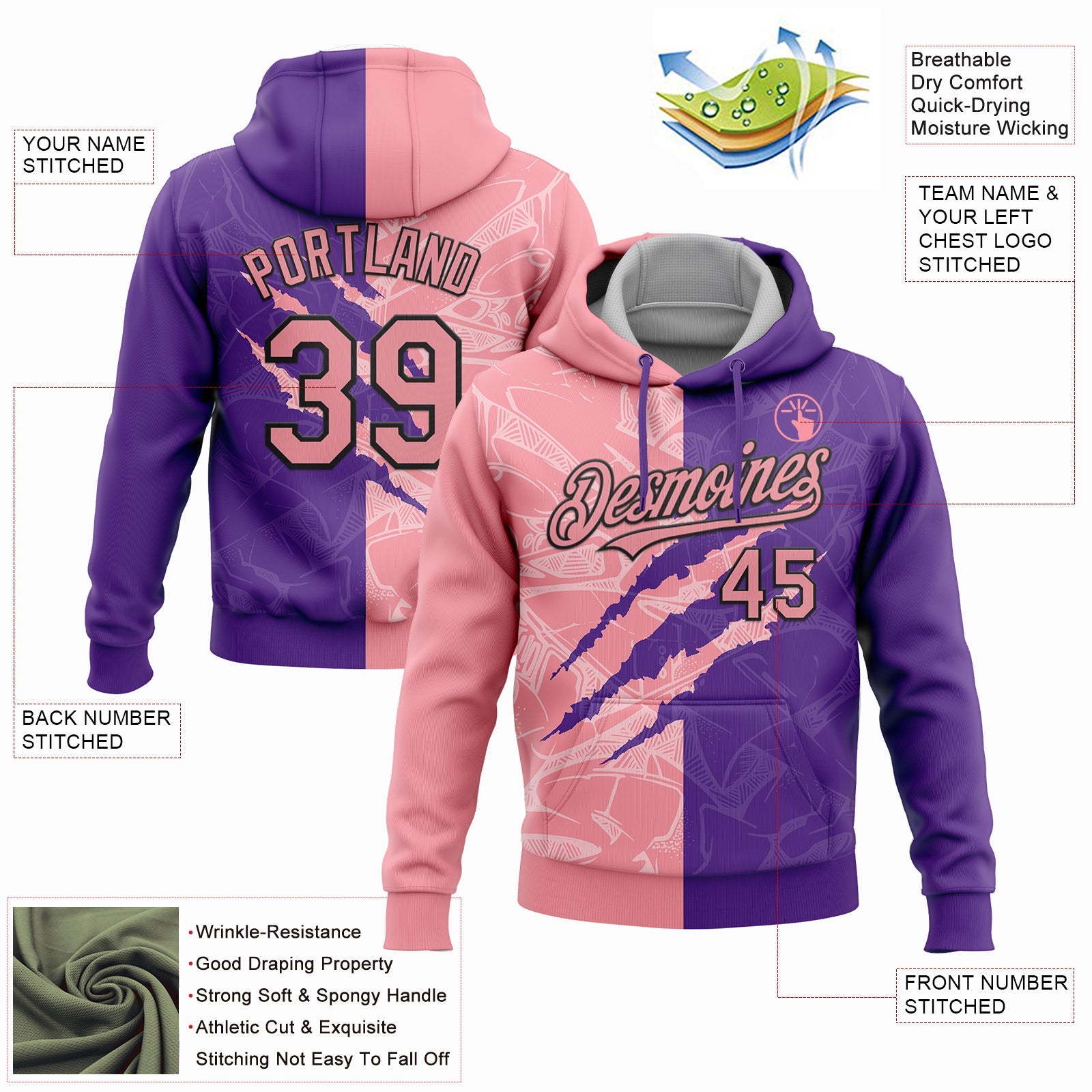 Custom Stitched Graffiti Pattern Medium Pink Purple-Black 3D Scratch Sports Pullover Sweatshirt Hoodie view 2