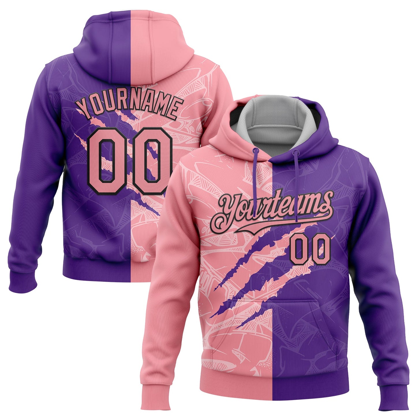 Custom Stitched Graffiti Pattern Medium Pink Purple-Black 3D Scratch Sports Pullover Sweatshirt Hoodie - Main View
