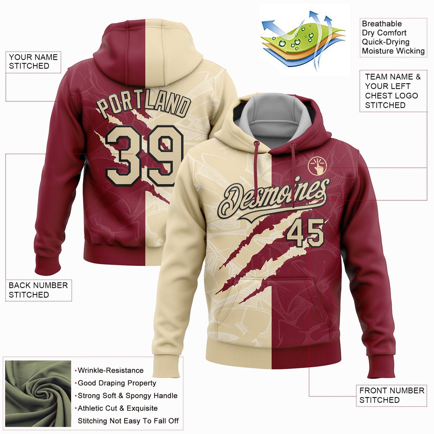 Custom Stitched Graffiti Pattern Cream Crimson-Black 3D Scratch Sports Pullover Sweatshirt Hoodie view 2