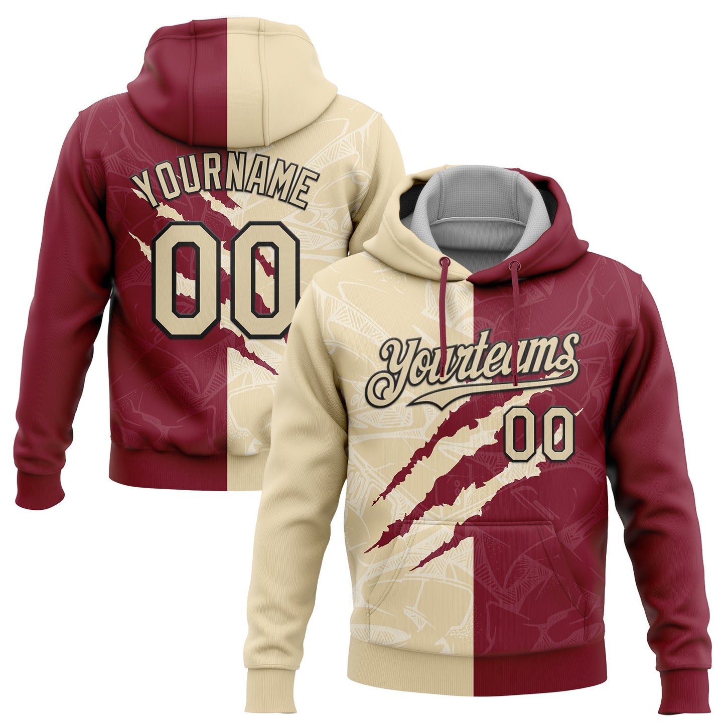 Custom Stitched Graffiti Pattern Cream Crimson-Black 3D Scratch Sports Pullover Sweatshirt Hoodie - Main View