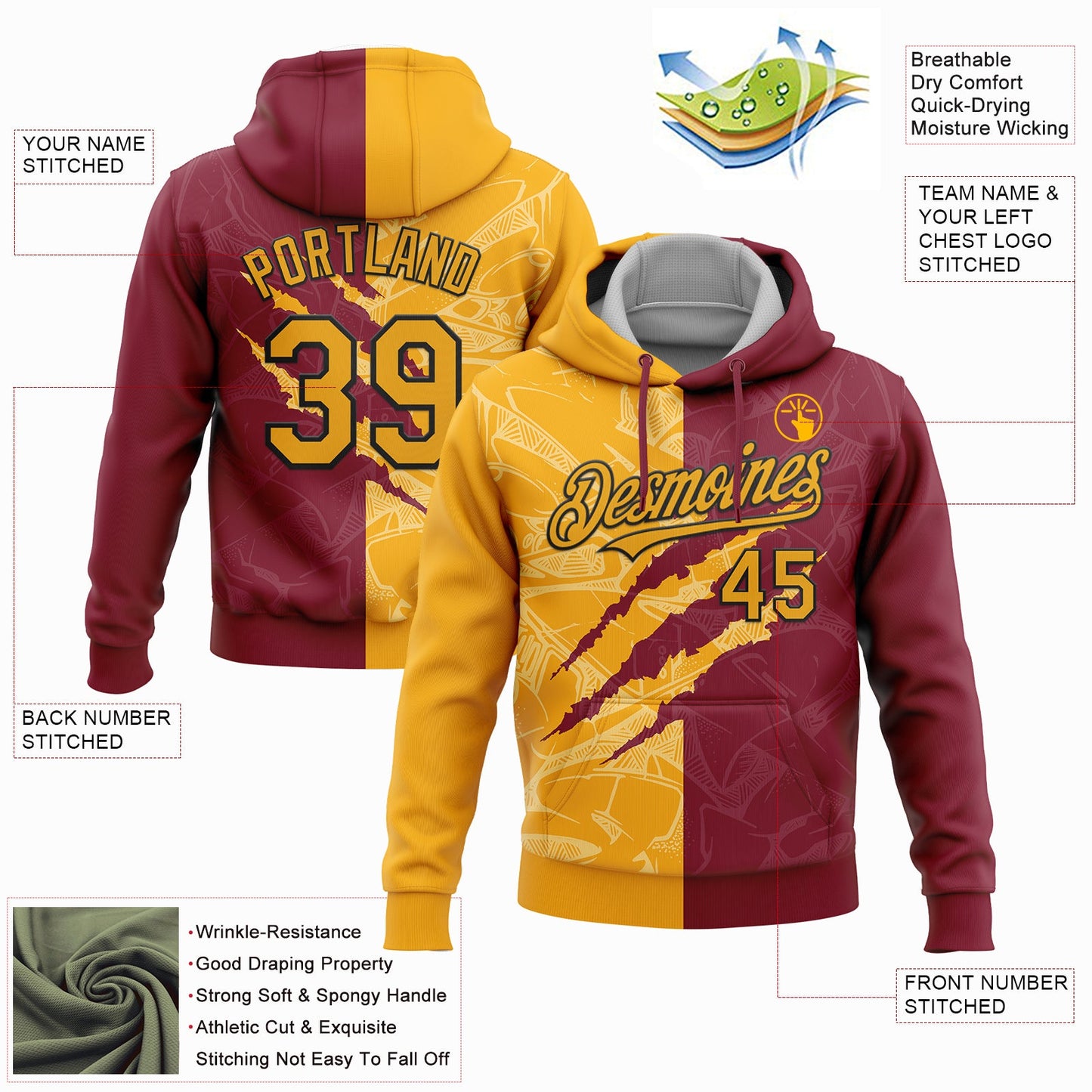 Custom Stitched Graffiti Pattern Gold Crimson-Black 3D Scratch Sports Pullover Sweatshirt Hoodie view 2
