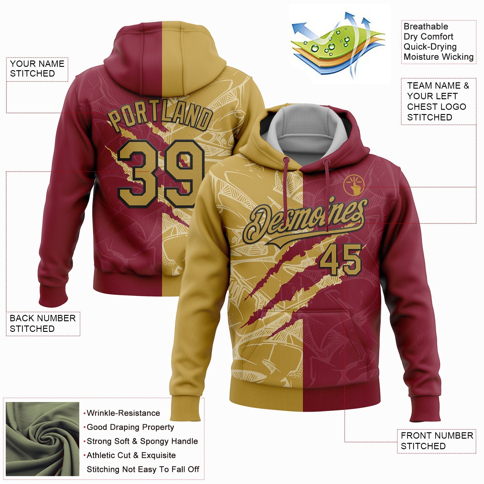 Custom Stitched Graffiti Pattern Old Gold Crimson-Black 3D Scratch Sports Pullover Sweatshirt Hoodie view 2