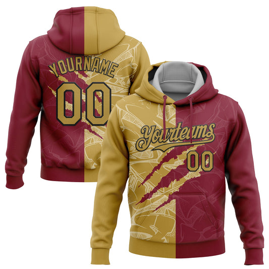 Custom Stitched Graffiti Pattern Old Gold Crimson-Black 3D Scratch Sports Pullover Sweatshirt Hoodie - Main View