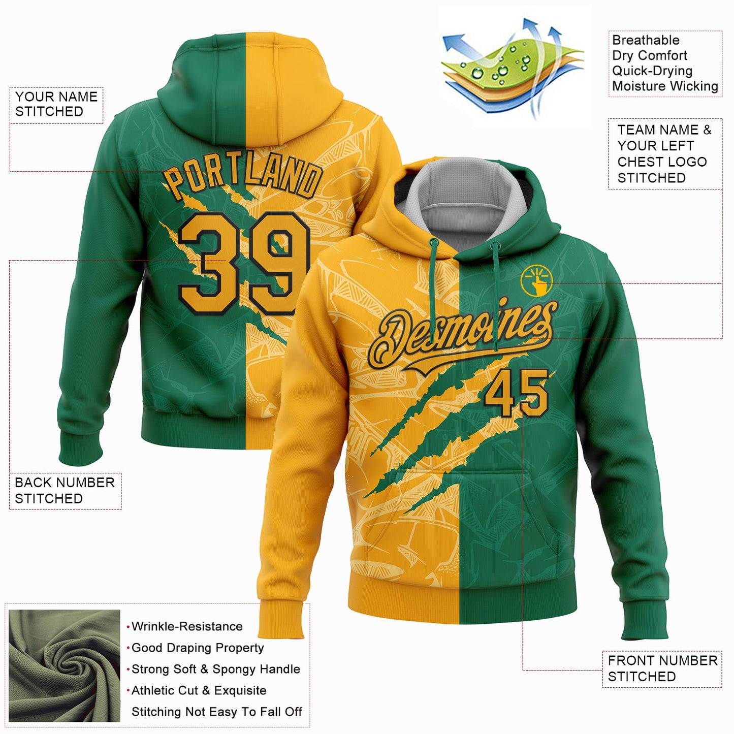Custom Stitched Graffiti Pattern Yellow Kelly Green-Black 3D Scratch Sports Pullover Sweatshirt Hoodie view 2