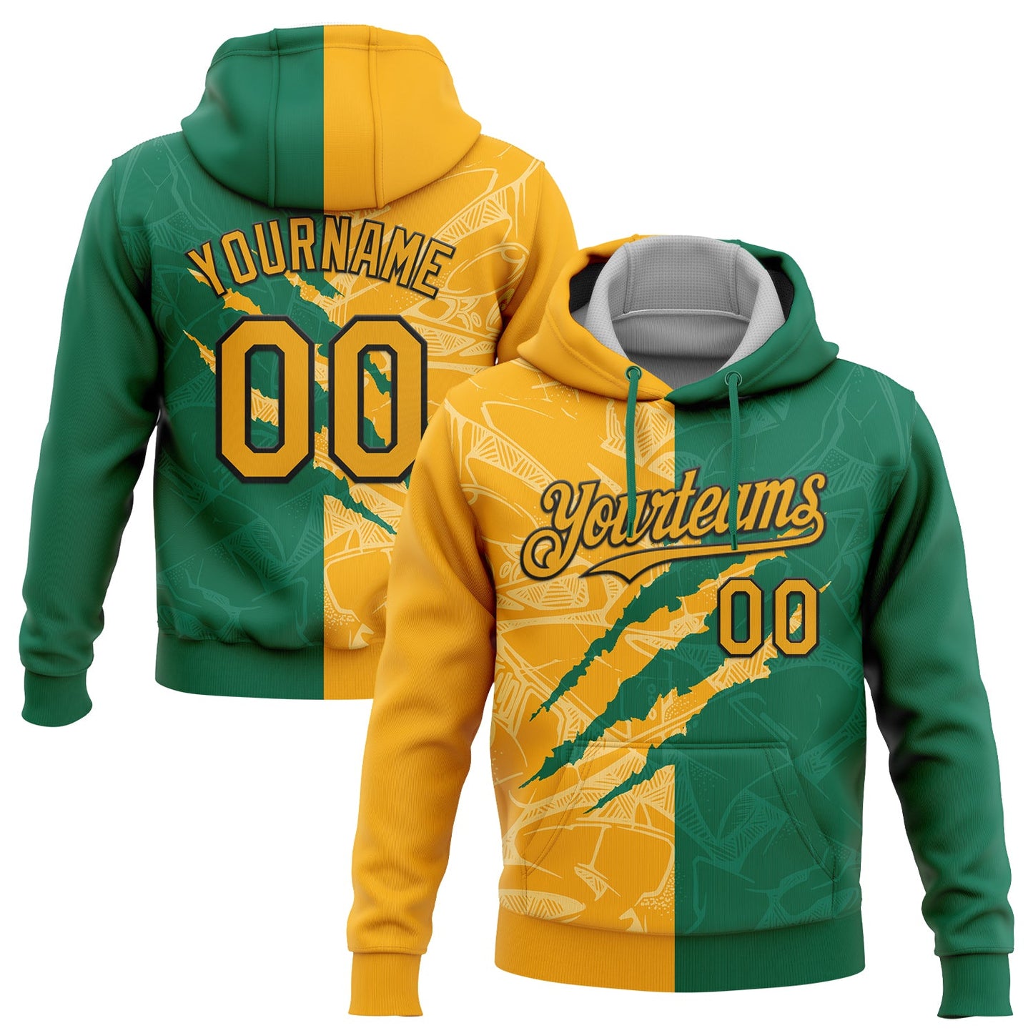 Custom Stitched Graffiti Pattern Yellow Kelly Green-Black 3D Scratch Sports Pullover Sweatshirt Hoodie - Main View