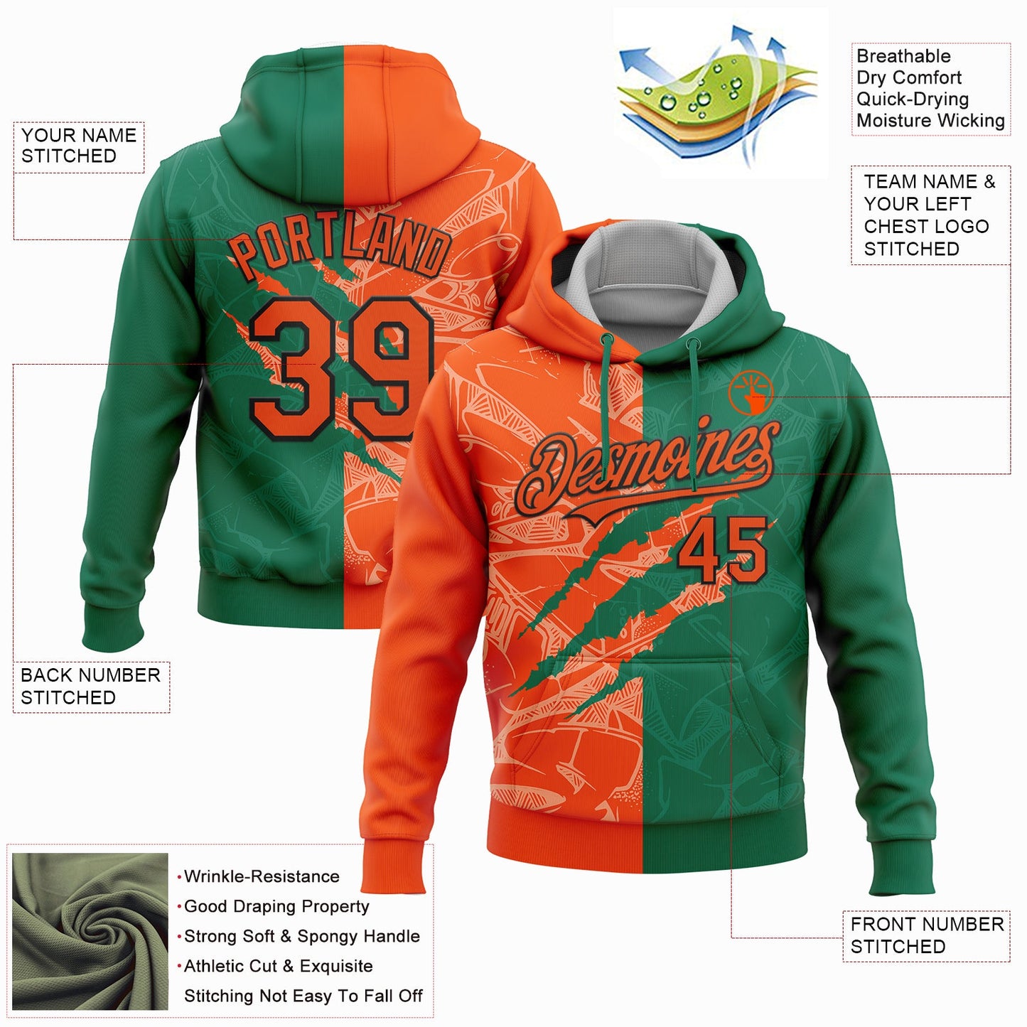Custom Stitched Graffiti Pattern Orange Kelly Green-Black 3D Scratch Sports Pullover Sweatshirt Hoodie view 2