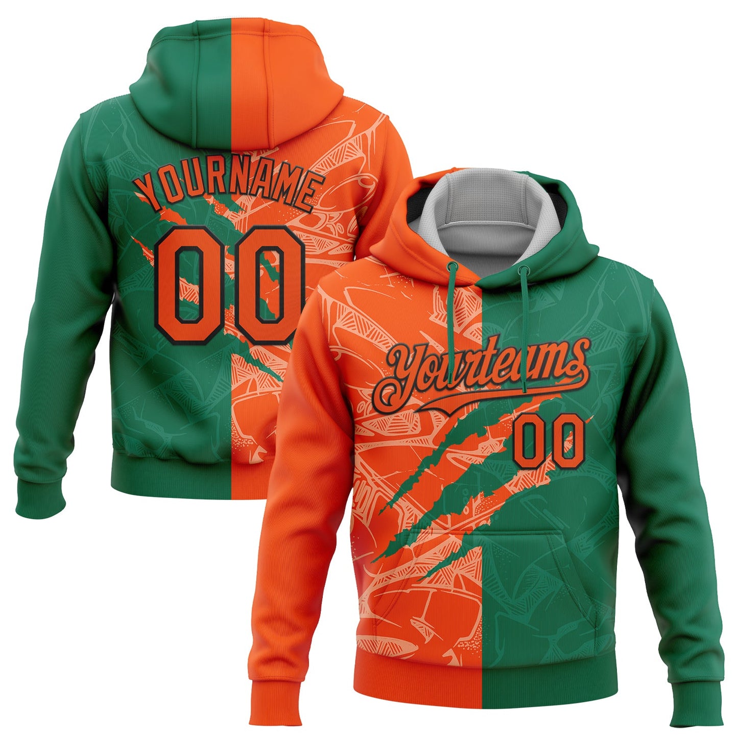 Custom Stitched Graffiti Pattern Orange Kelly Green-Black 3D Scratch Sports Pullover Sweatshirt Hoodie - Main View