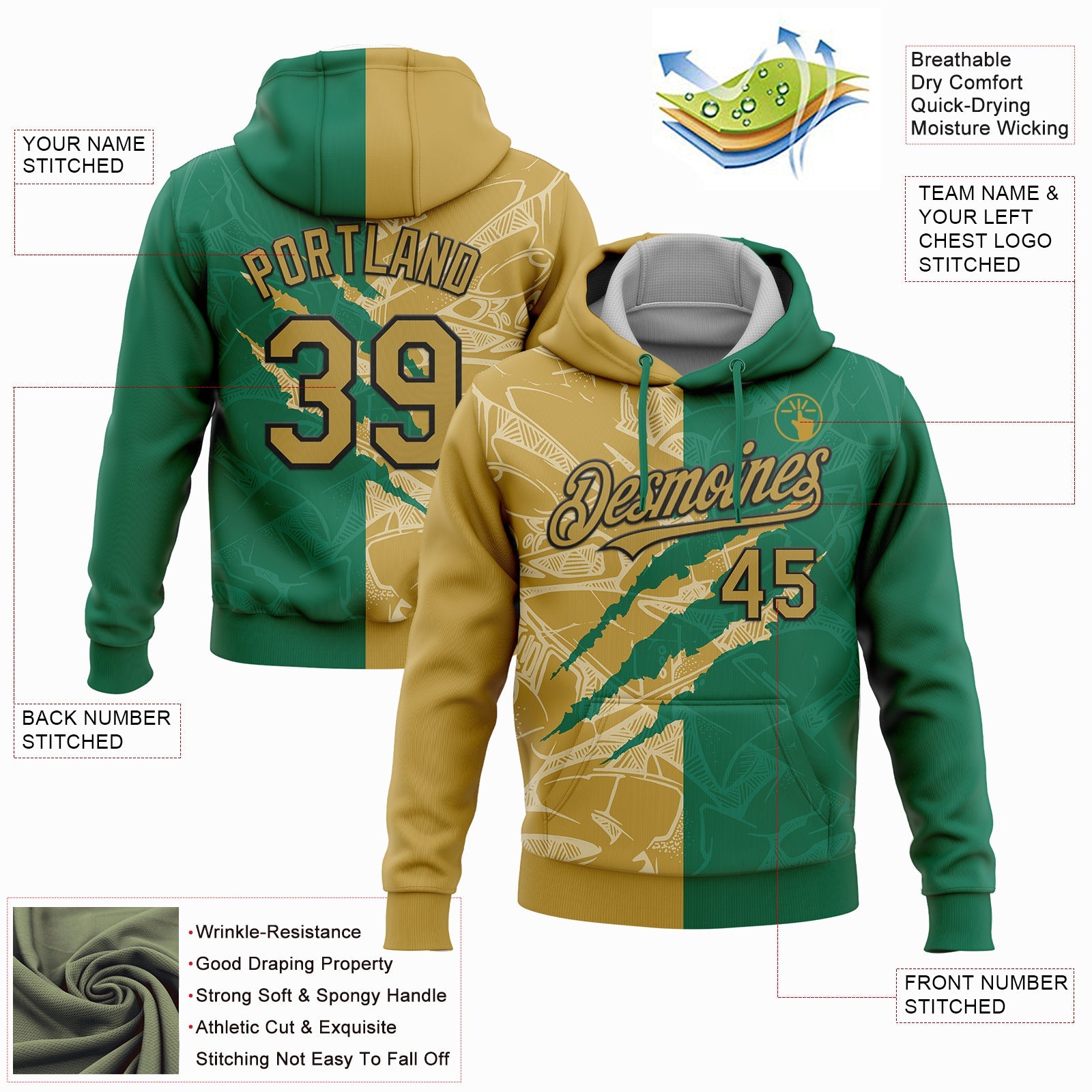 Custom Stitched Graffiti Pattern Old Gold Kelly Green-Black 3D Scratch Sports Pullover Sweatshirt Hoodie view 2