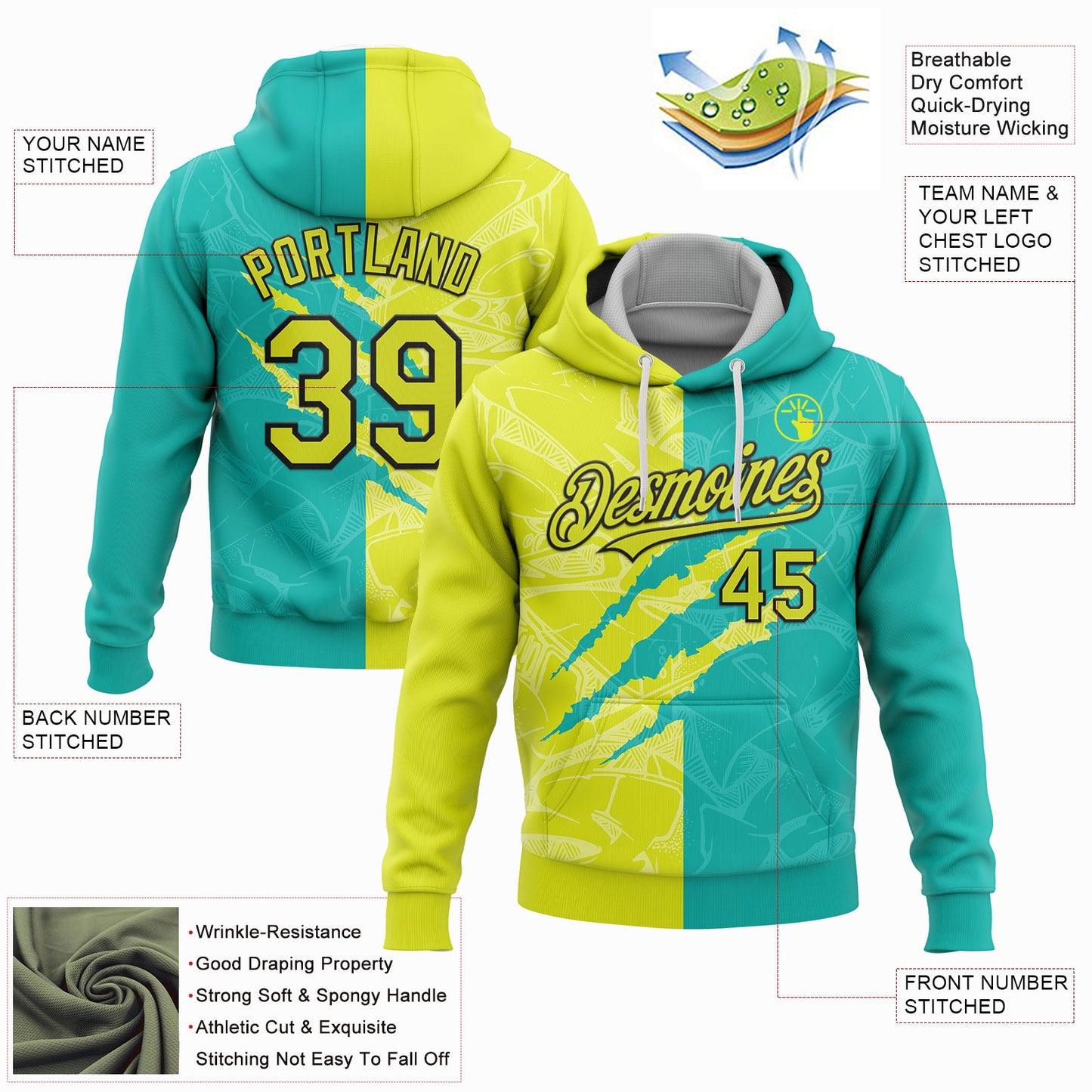Custom Stitched Graffiti Pattern Neon Yellow Aqua-Black 3D Scratch Sports Pullover Sweatshirt Hoodie view 2