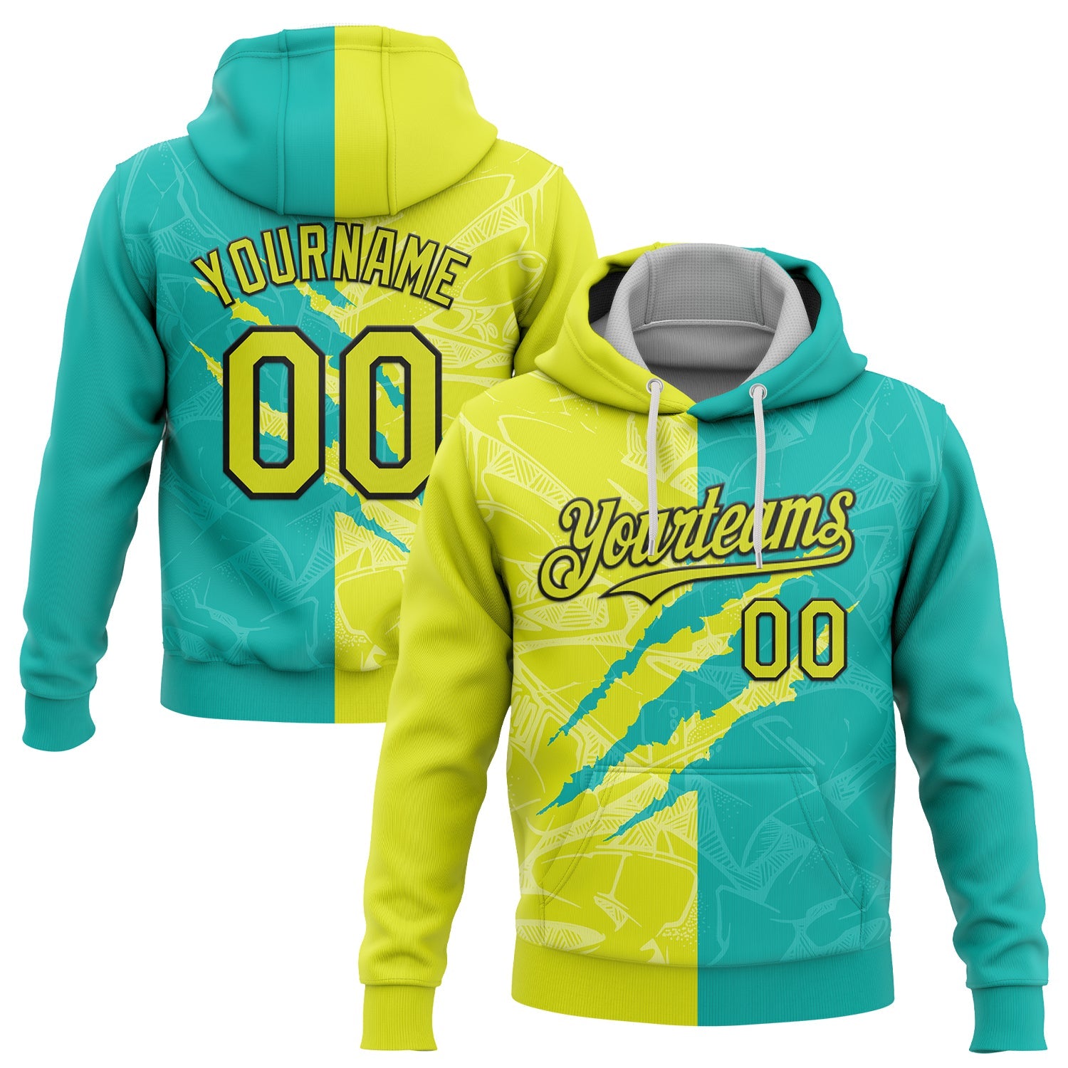 Custom Stitched Graffiti Pattern Neon Yellow Aqua-Black 3D Scratch Sports Pullover Sweatshirt Hoodie - Main View
