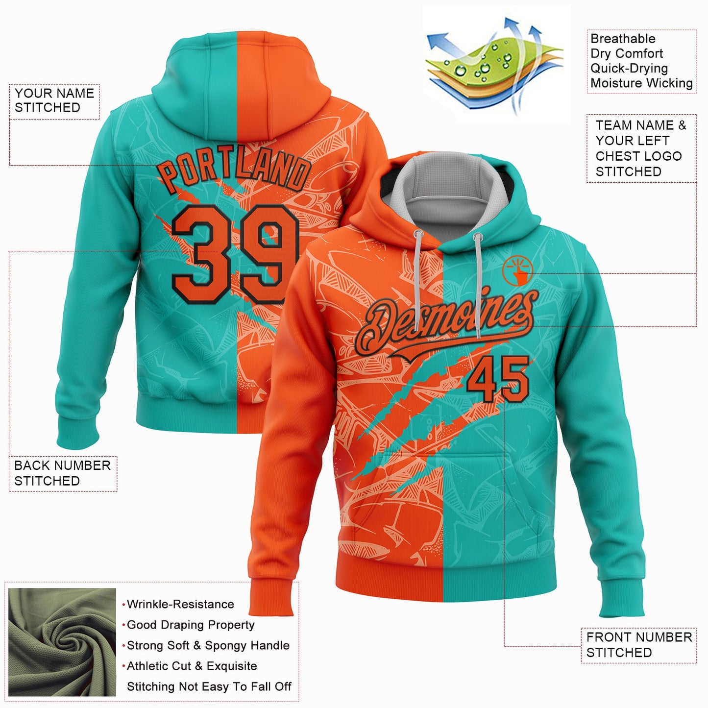 Custom Stitched Graffiti Pattern Orange Aqua-Black 3D Scratch Sports Pullover Sweatshirt Hoodie view 2