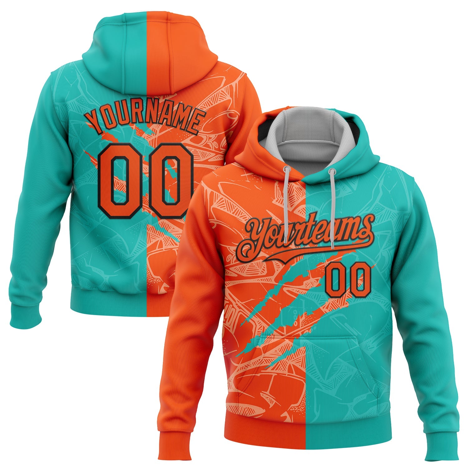 Custom Stitched Graffiti Pattern Orange Aqua-Black 3D Scratch Sports Pullover Sweatshirt Hoodie - Main View