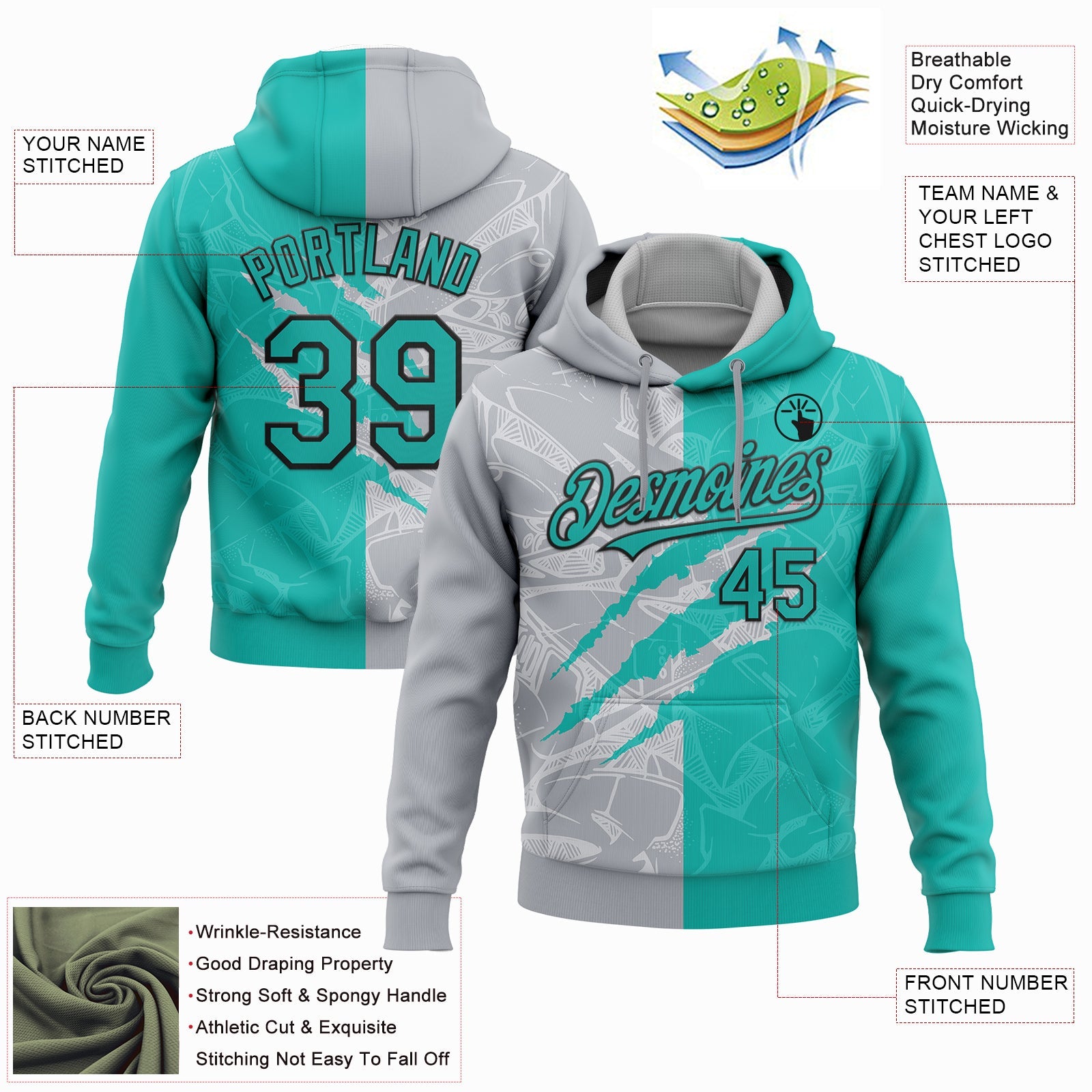 Custom Stitched Graffiti Pattern Aqua Gray-Black 3D Scratch Sports Pullover Sweatshirt Hoodie view 2