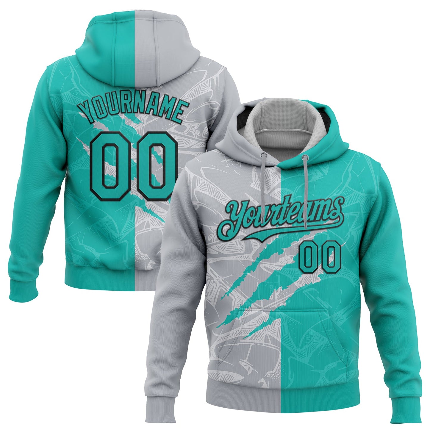 Custom Stitched Graffiti Pattern Aqua Gray-Black 3D Scratch Sports Pullover Sweatshirt Hoodie - Main View