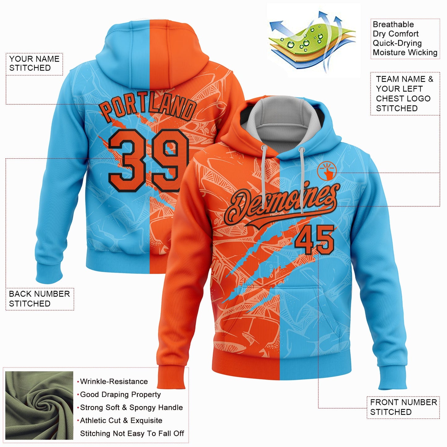 Custom Stitched Graffiti Pattern Orange Sky Blue-Black 3D Scratch Sports Pullover Sweatshirt Hoodie view 2